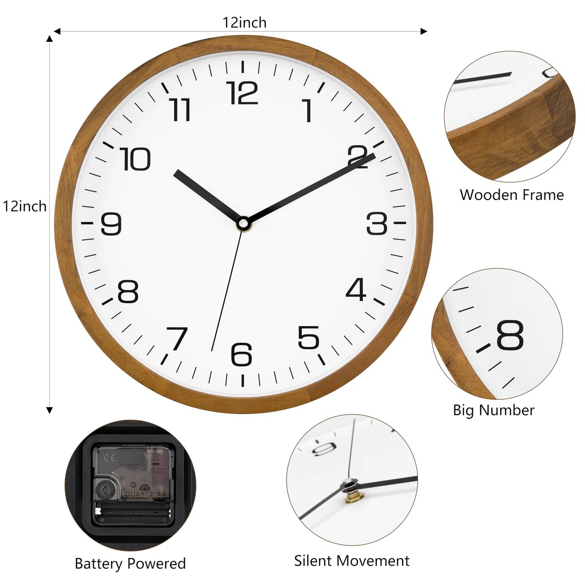 Foxtop Orologio da Parete in Legno Massello 30 cm Senza Ticchettio - Orologio Silenzioso Moderno con Cornice in Legno per Camera da Letto, Cucina, Soggiorno, Ufficio e Scuola