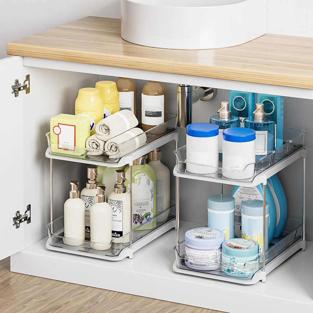 Delamu Organizzatori multiuso a 2 ripiani da bagno sotto il lavandino, impilabili per dispensa da cucina, organizer estraibile per armadietto dei medicinali con divisori mobili, bianco, confezione da