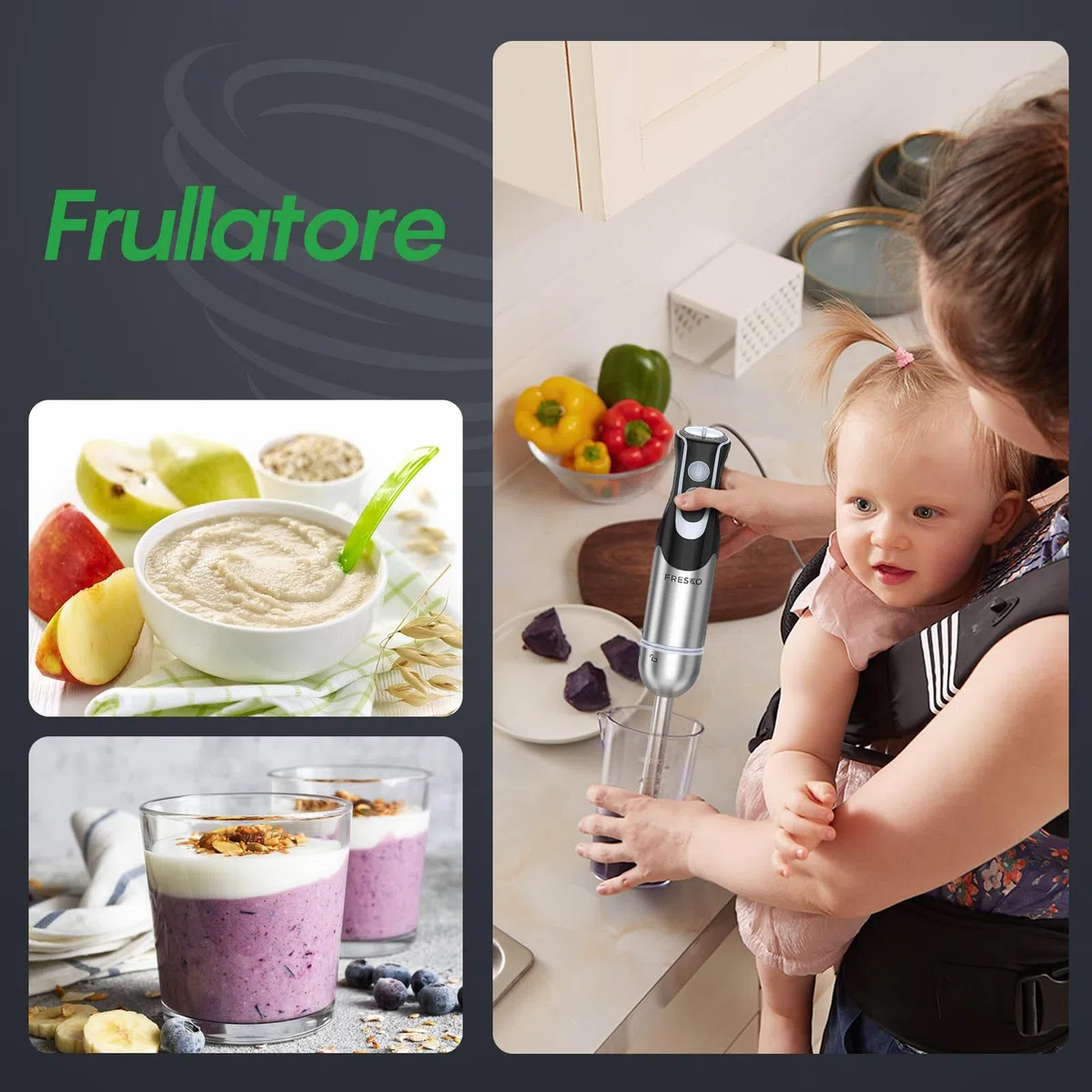 Frullatore a Immersione 4-in-1, 1000W Mini Frullatore a Mano in Acciaio Inossidabile 304, con 12 Velocità e Modalità Turbo, Antispruzzo Design, Include Misurino, Tritatutto e Frusta (HB3302)