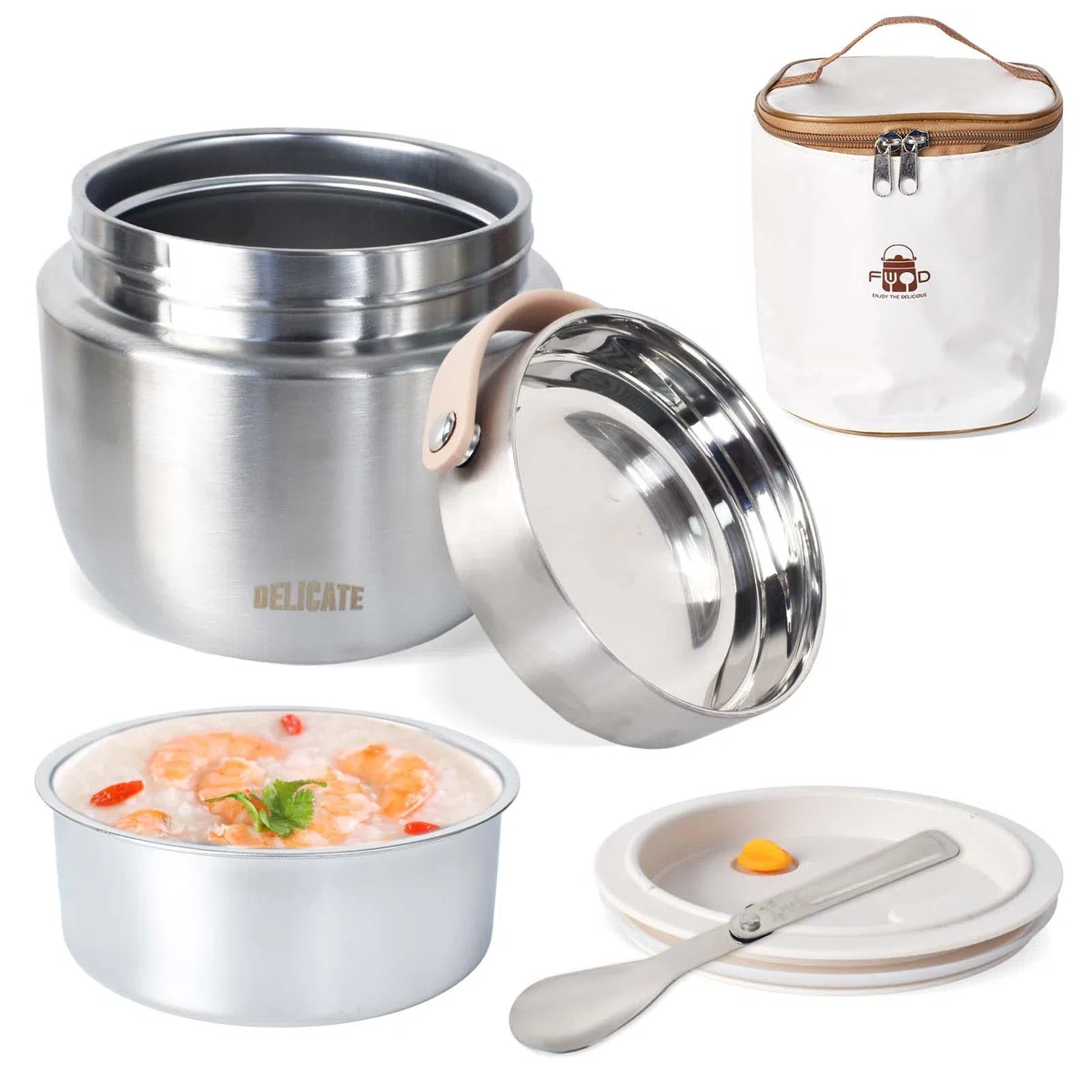 Thermos per Alimenti 1200 ml Contenitore Termico per Alimenti con Cucchiaio e Borsa Termica, Contenitore per Caldi con Maniglia, per Zuppa, Porridge, Riso, Frutta