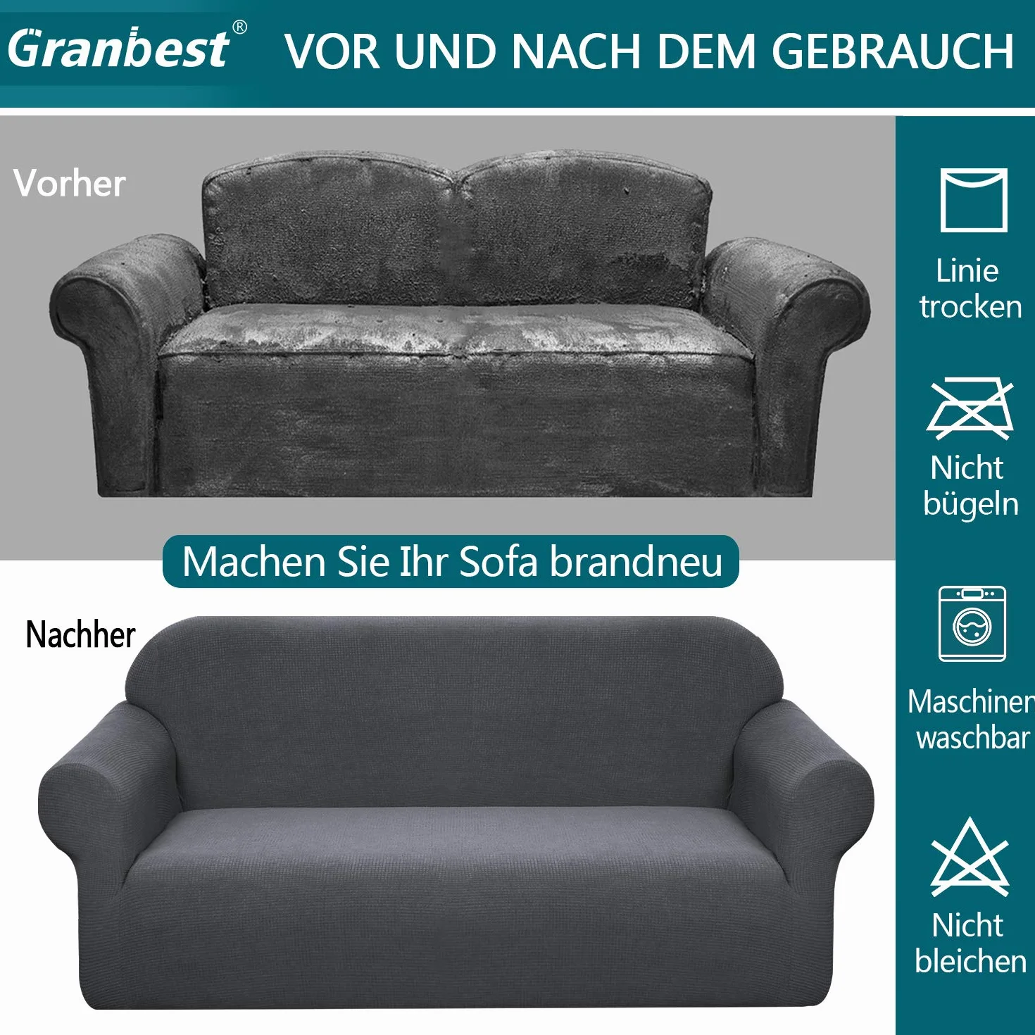 Granbest Copridivano elasticizzato, idrorepellente, 1 pezzo, in spandex, jacquard, con gommapiuma antiscivolo (3 posti, grigio)