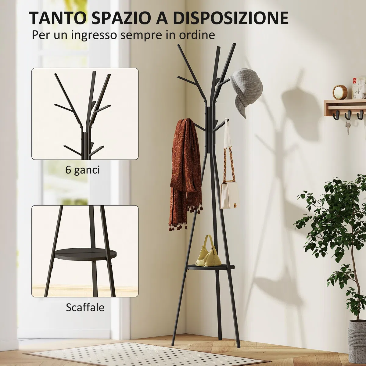 HOMCOM Appendiabiti da Terra di Design, Appendiabiti Verticale Moderno, Attaccapanni da Terra, per Ingresso, Elegante, 3 Aste, 9 Ganci, 45x45x180cm, Nero