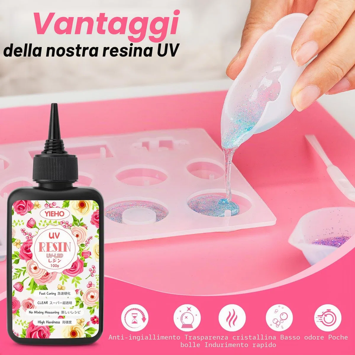 YIEHO 300g Kit di Resina UV con Luce e Stampi, Resina Epossidica trasparente per Gioielli per Creazioni DIY di Portachiavi, Orecchini e Collane