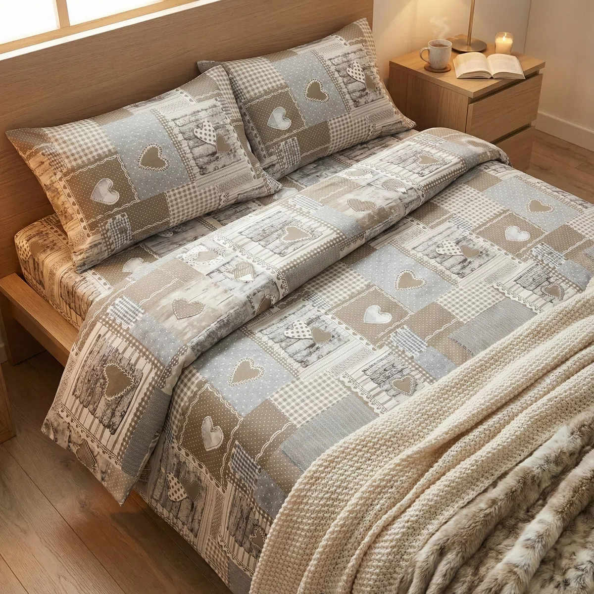 Tex family Copripiumino Tirolese Cuori “Aprica” Beige – Cotone 100% Artigianale Made in Italy - Cm. 155X200