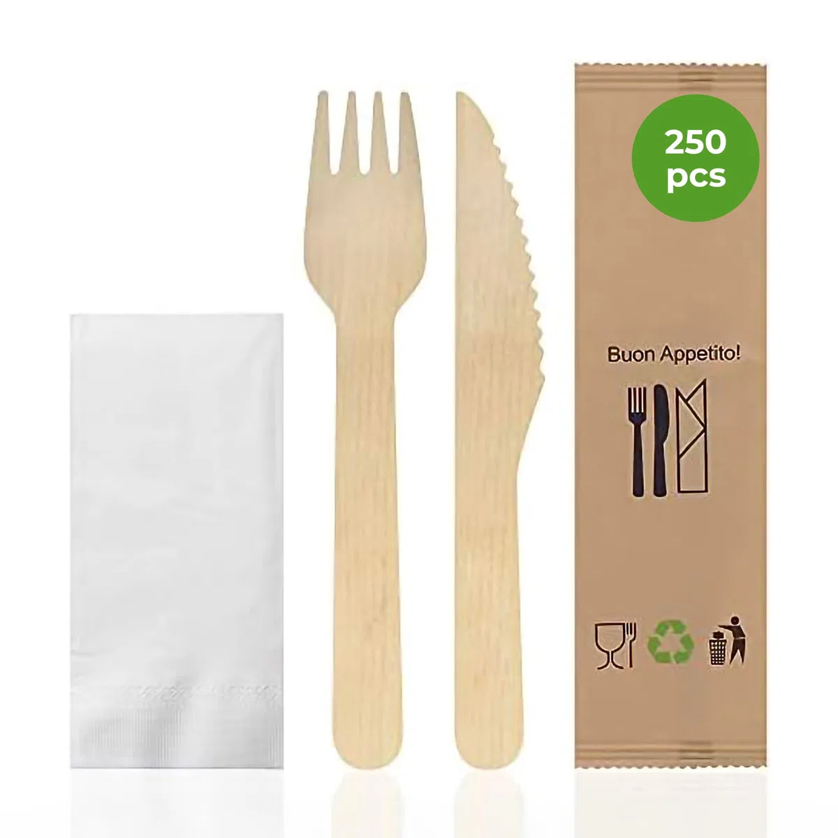 Bioexxe Set Posate Usa e Getta Imbustate - Posate Monouso in Legno, Biodegradabili - no plastica - con Salvietta e Forchette Usa e Getta (Pacco 250 kit)