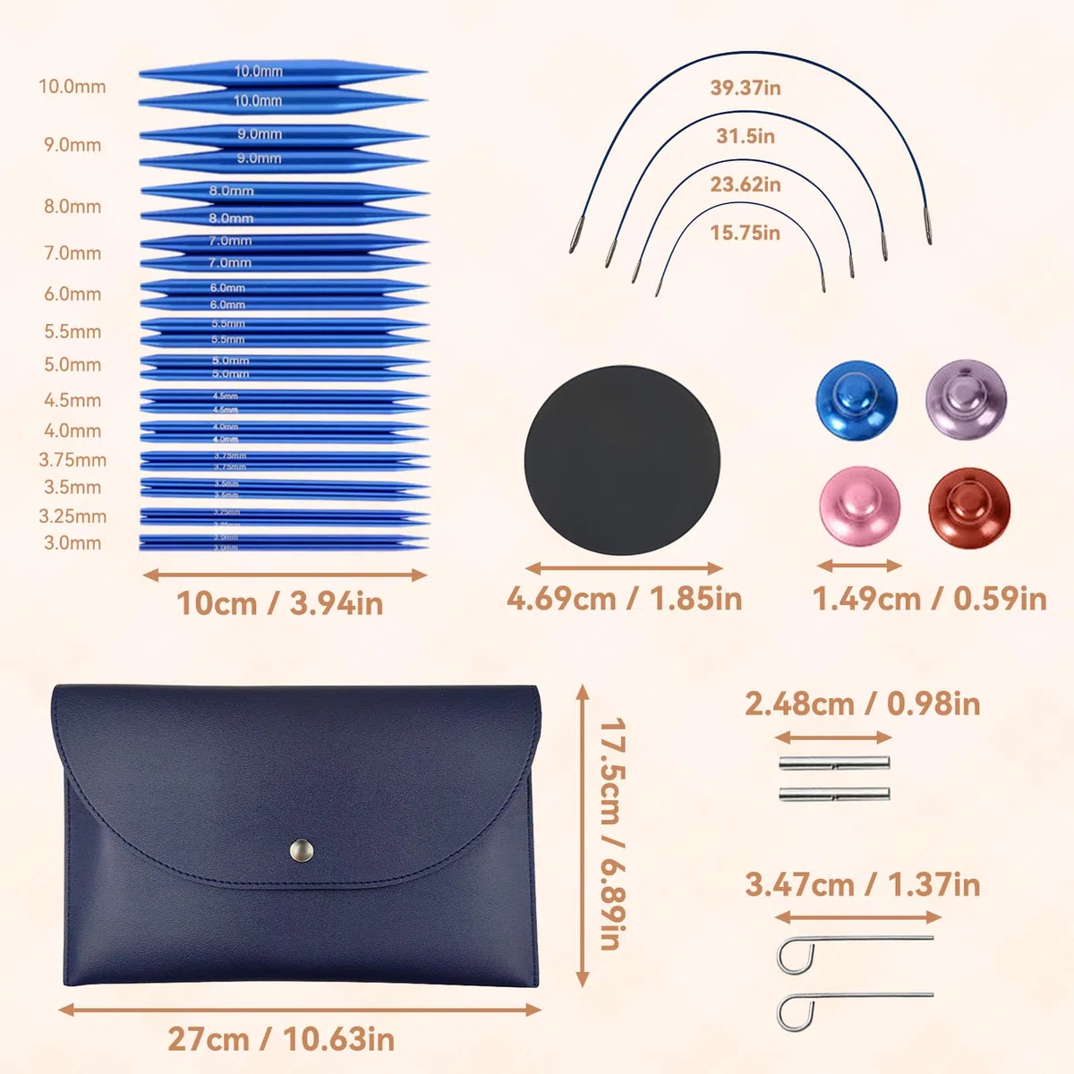 Set di ferri circolari intercambiabili con custodia in pelle, 13 paia di ferri da maglia circolari da 3,0 a 10,0, in metallo con 4 cordoncini 40cm/60cm/80cm/100cm, accessori principianti (blu)