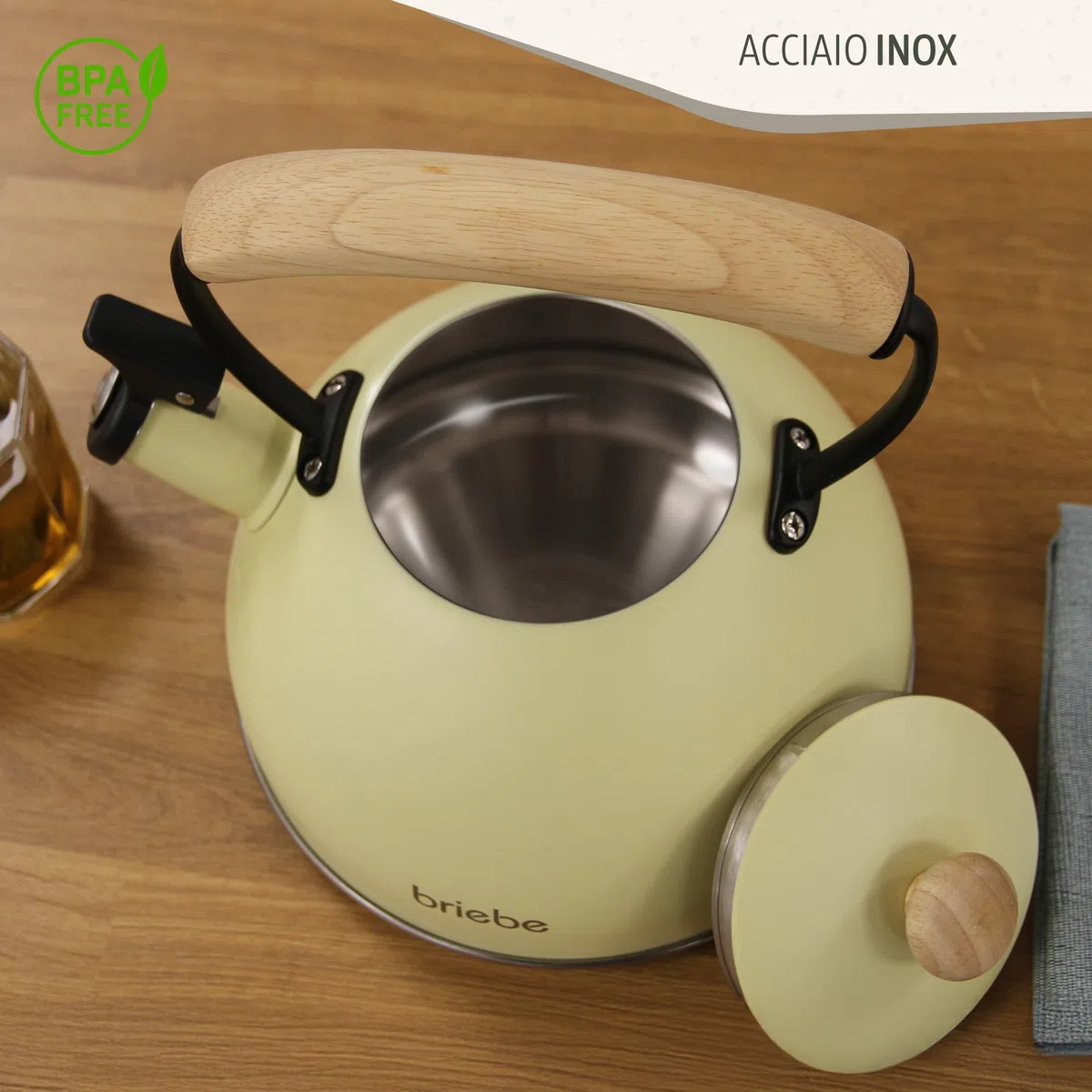 briebe Retro Bollitore Induzione a Fischio 2,3 L, Acciaio Inossidabile, Tutti Fornelli: Vetroceramica, Gas, Elettrico, Manico in Legno Cool Touch, per Tè, Caffè, Vintage, Tea Pot, Giallo