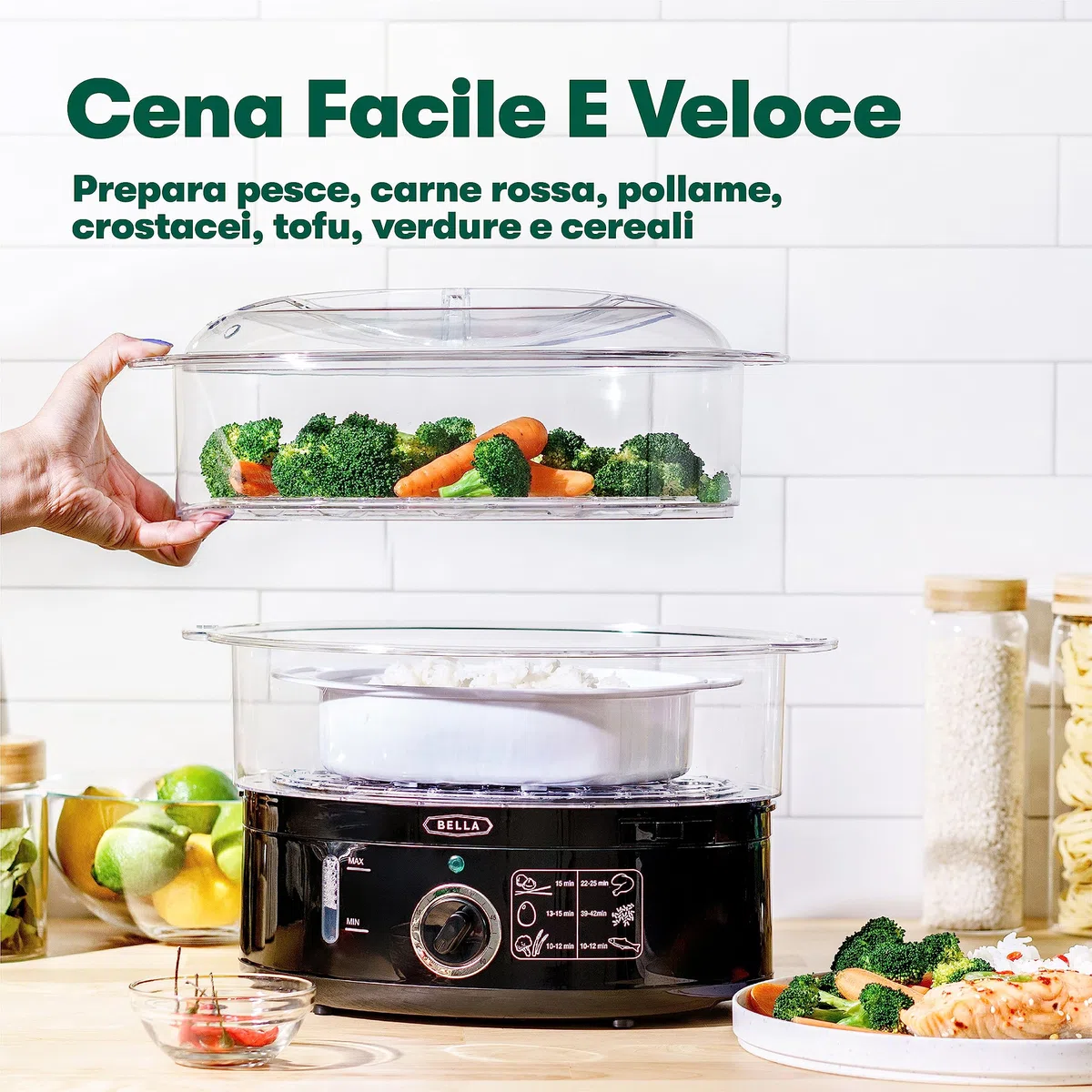 bella Vaporiera a Due Livelli con Contenitori Impilabili e Base Staccabile per Una Cottura Rapida e Simultanea - Spegnimento Automatico e Protezione Contro l'Ebollizione a Secco, Capacità 7 L, Nero