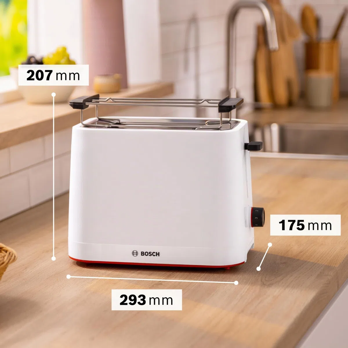 Bosch Tostapane Compatto TAT3M121, 950 W, Tostatura Uniforme, Espulsione Automatica, Vassoio Raccogli-Briciole, Funzione Scongelamento e Riscaldamento, Spegnimento Automatico, Bianco