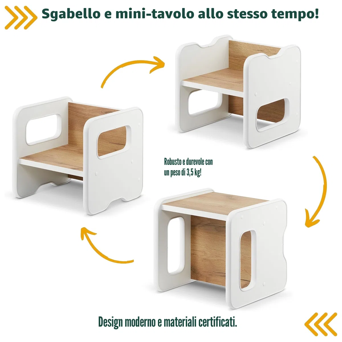defiPad Sgabello per bambini | sgabello elegante double face | Poltrona per bambini da 1 anno | Sedia per bambini in legno | Sedia trasformabile in tavolo | (Bianco + Rovere)
