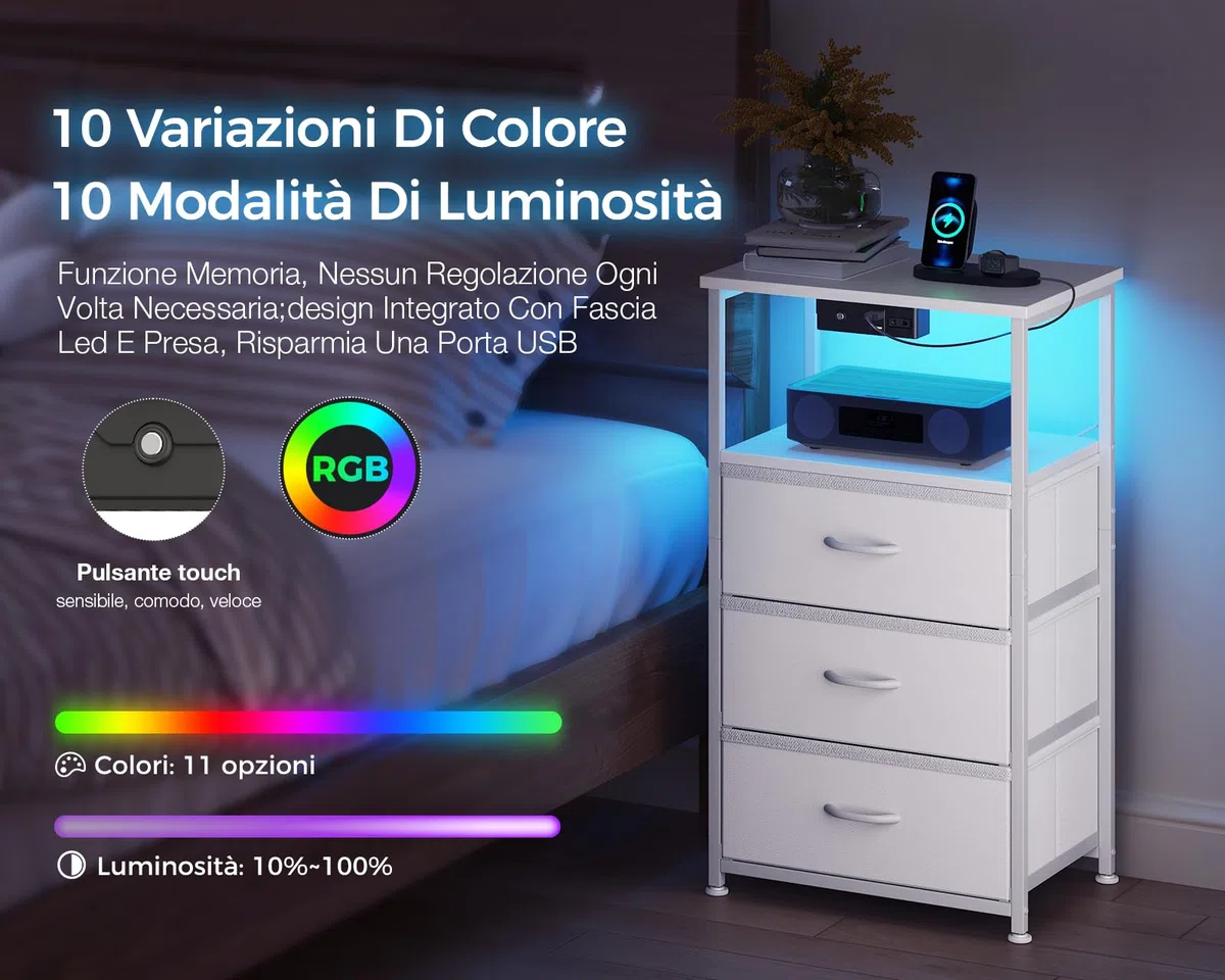 Coleshome Comodino Camera da Letto, con Presa di Corrente e 2 Luci USB e LED, Comodini Camera da Letto con 3 Cassetti in Tessuto e 2 Vano Portaoggetti, 40 * 30 * 70cm, Confezione da 1