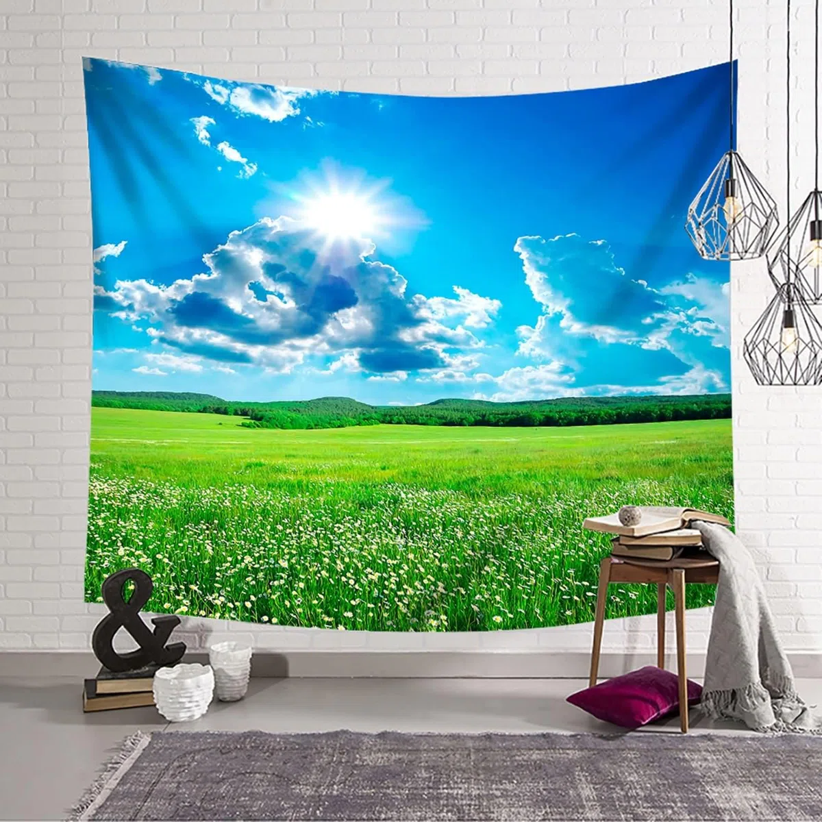 Homxi Arazzo Parete Camera da Letto 240 W x 220 H CM, Paesaggio di Prato e Sole, Poliestere Decorazione Parete, Blu Verde