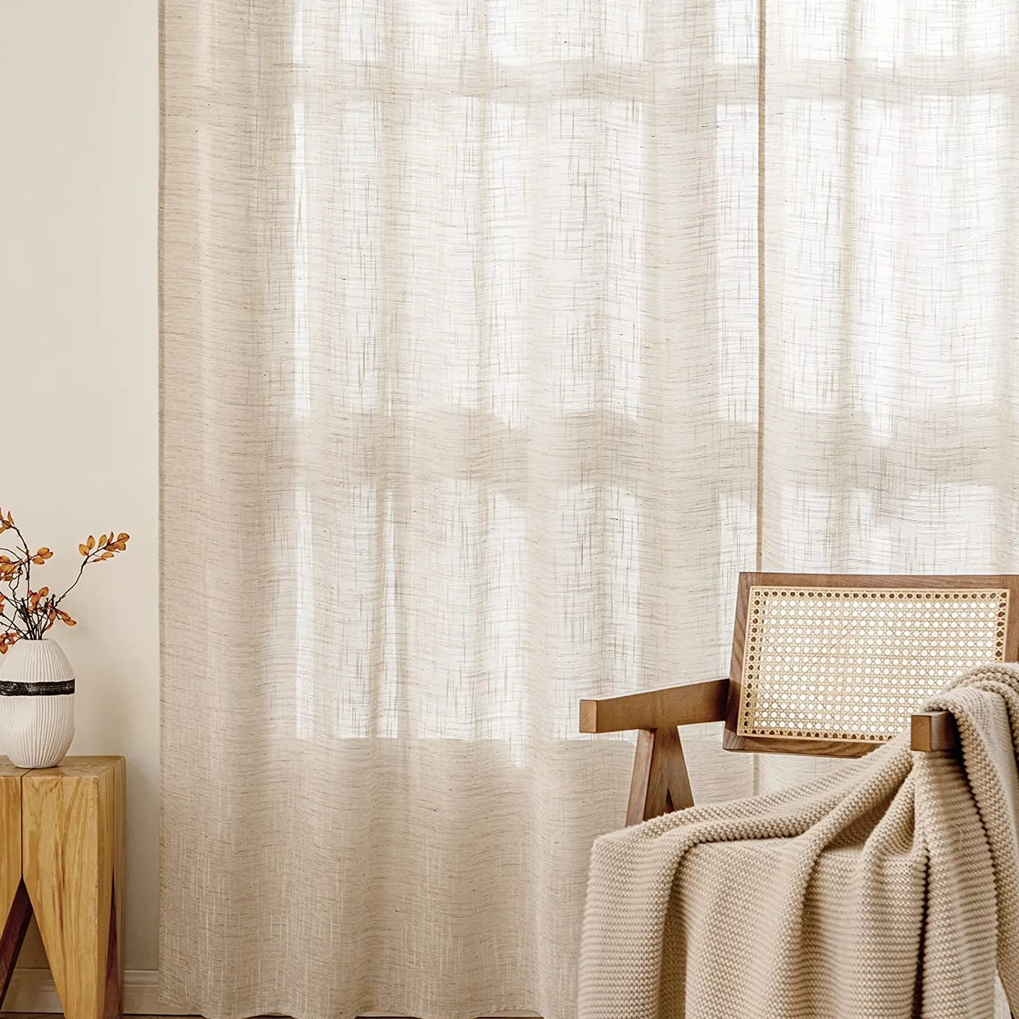 MIULEE Voile Tende Lino Tenda a Pannello Tende per Interni Traslucido Tende Camera da Letto Moderne per Soggiorno Lino Trasparente per Porte Balcone Adatte 140x260 cm Naturale 2 Pannelli