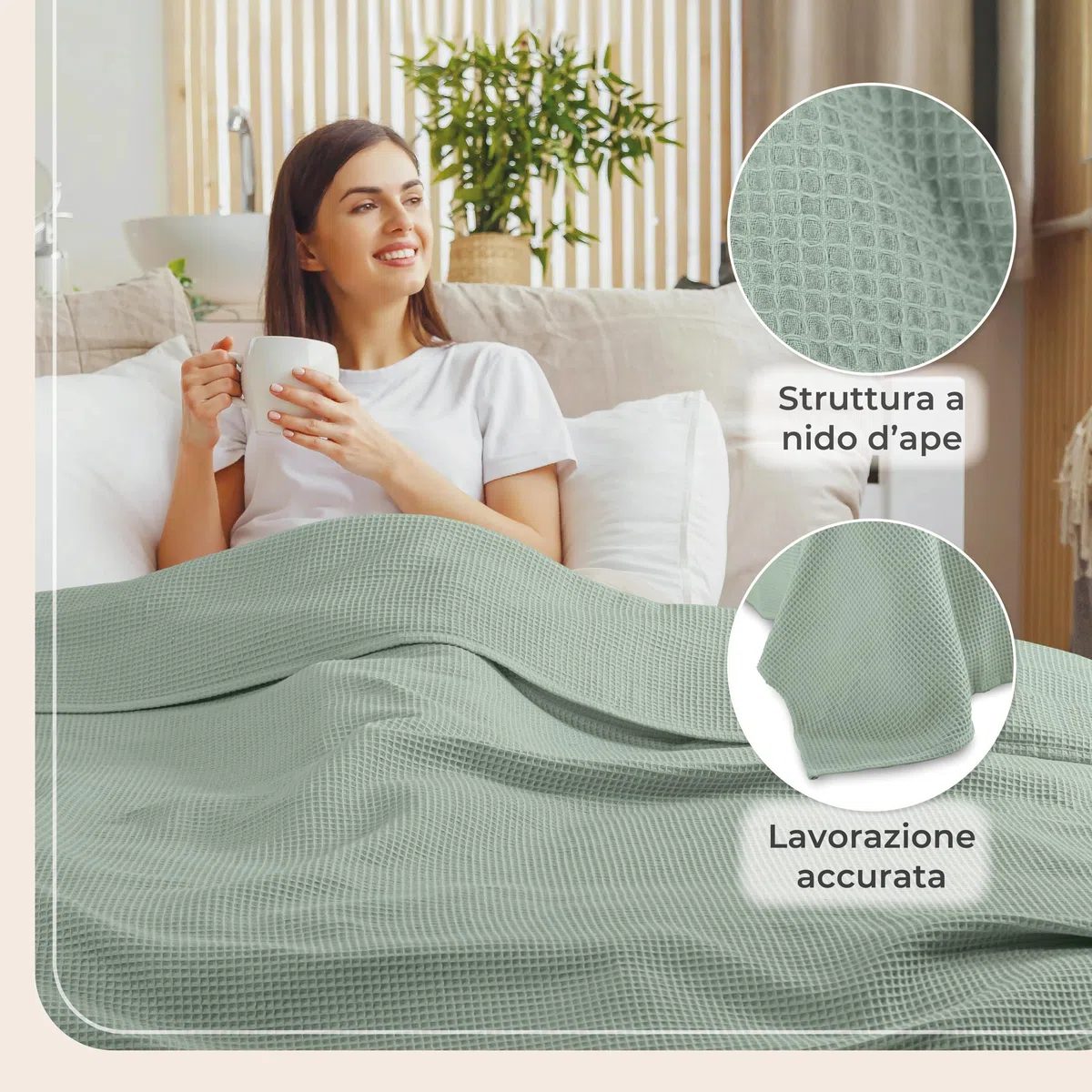 LAYNENBURG Copriletto 150 x 200 cm - Waffle Pique 100% Cotone - Coperta Estiva Leggera - Coperta di Cotone Come Coperta da Letto, Coperta da Divano, Coperta ariosa da Divano (Verde menta)