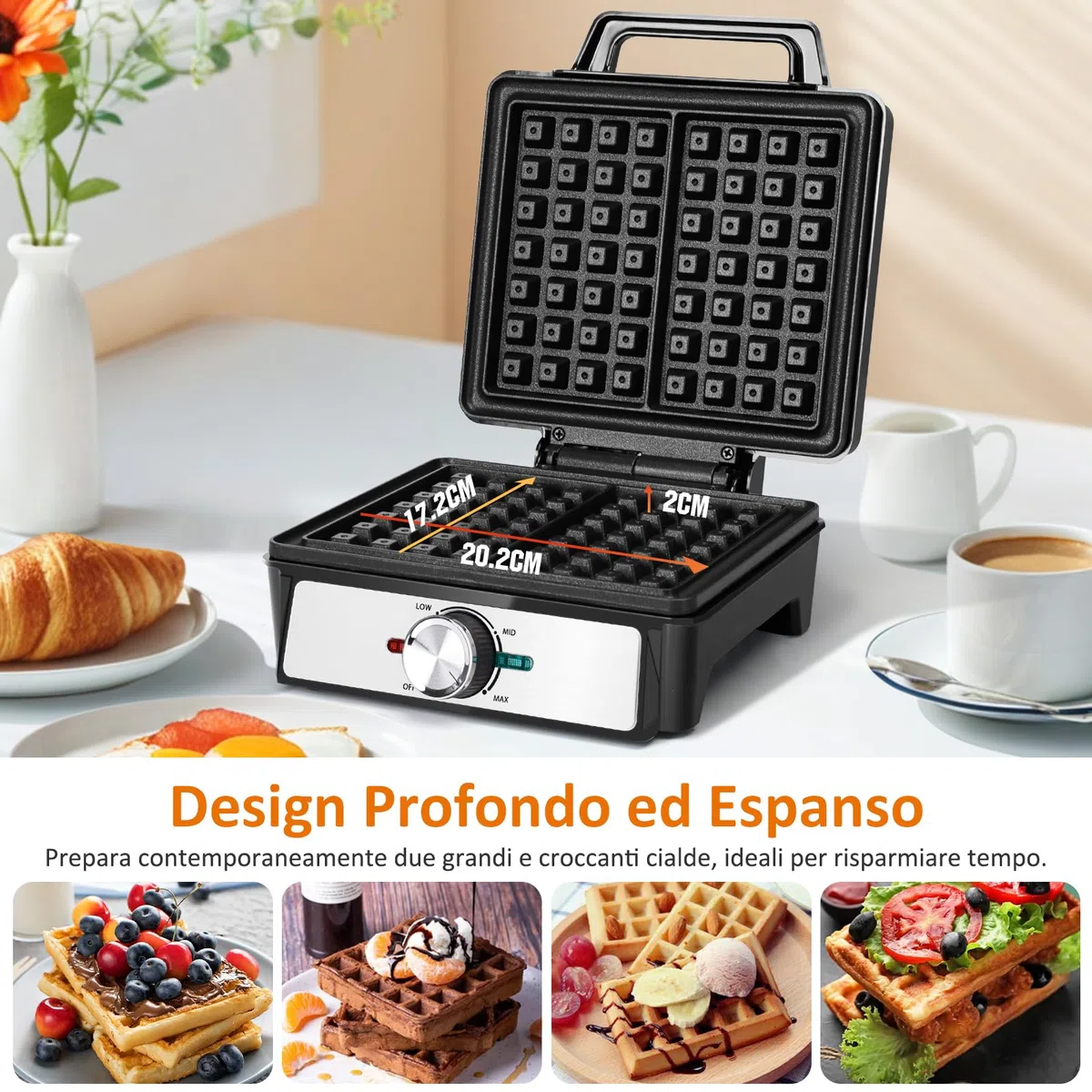Aigostar Waffle Maker per 2 Waffle Belgi, 1600W, Piastre Antiaderenti 20,2 x 17,2 x 2 cm, Piastra per Waffle con Temperatura Regolabile, Indicatore LED, Design Compatto in Acciaio Inox, Senza BPA