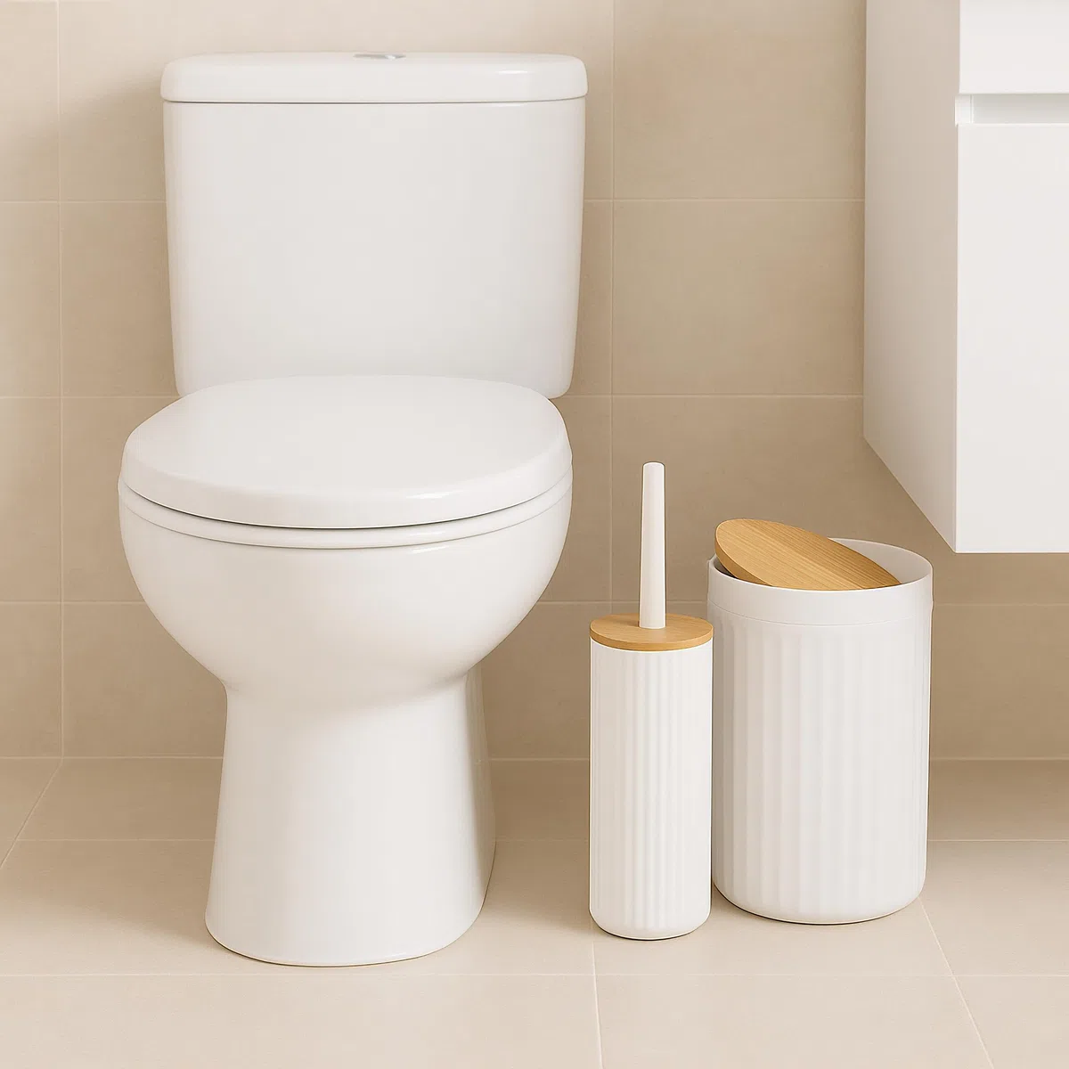 Relaxdays Set Bagno 6 Accessori, Cestino, Scopino WC, Portasapone, Saponetta, Portaspazzolino, Plastica e bambù, Bianco