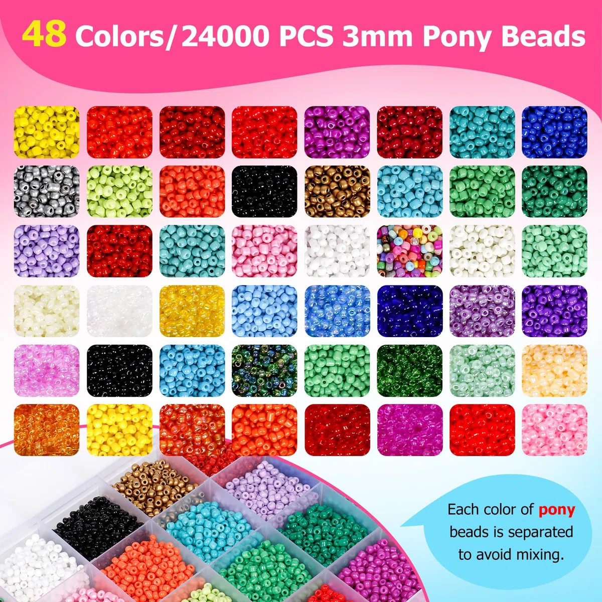 Lannvan 25170PCS Perline per Braccialetti, 48 Colori 3mm Perline di Vetro con Perline Lettere e Altri Accessori, 3 Scatole Kit Braccialetti Fai Da Te, Regali di Compleanno e Natale