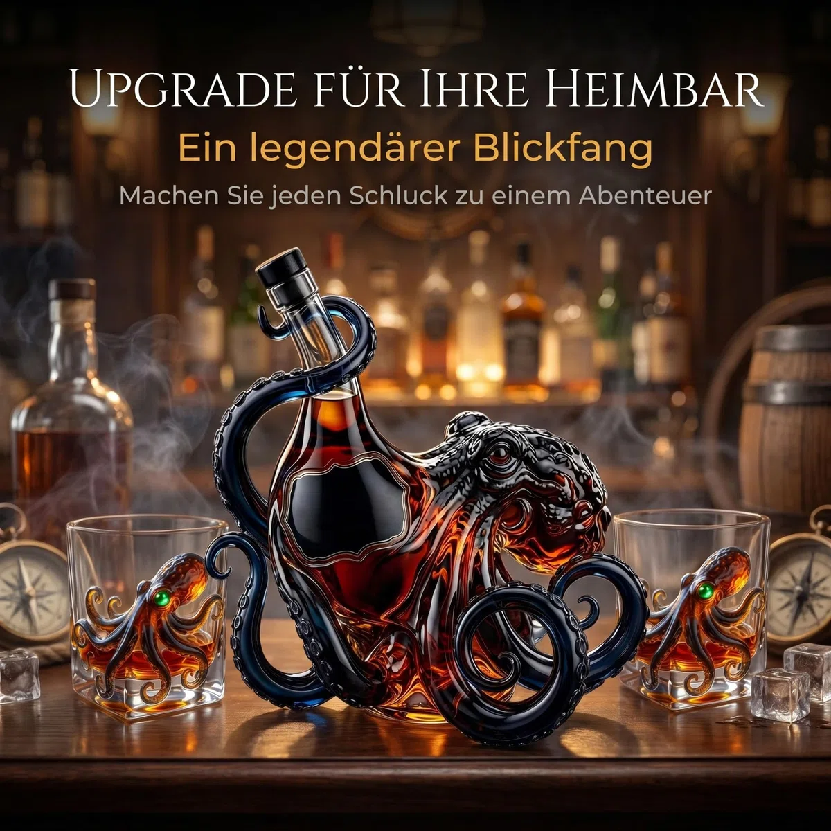 Set Whisky Polpo 3D | Decanter con 2 Bicchieri, Caraffa per Whisky Rum Bourbon Cocktail, Idea Regalo Originale per Uomini e Appassionati di Bar