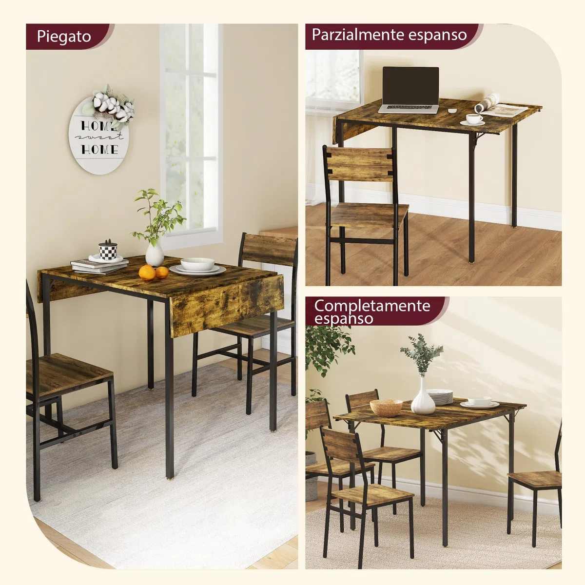 HOMCOM Tavolo da Pranzo a Ribalta stile Industriale per 2-4 Persone con 2 Lati Allungabili, Tavolo Pieghevole da Cucina per Piccoli Spazi in Legno e Metallo, 120x79x79 cm, Marrone Rustico