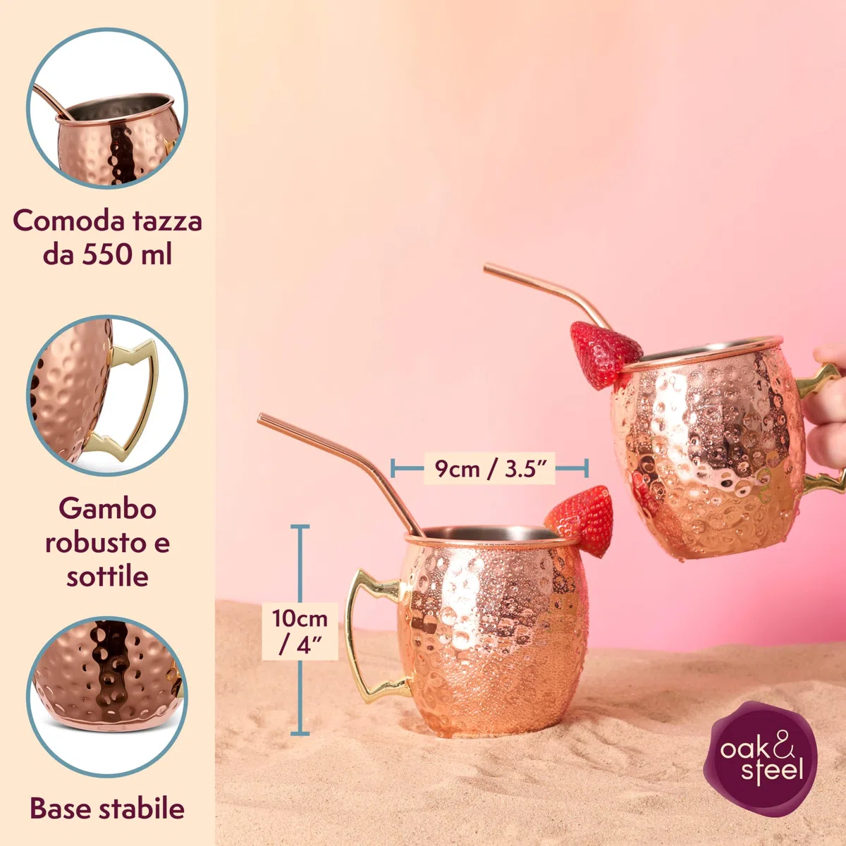Oak & Steel - Confezione da 4 Esclusivi Bicchieri Moscow Mule in Rame con Spazzola in Acciaio Inossidabile e Cannuccia per Bevande Fredde