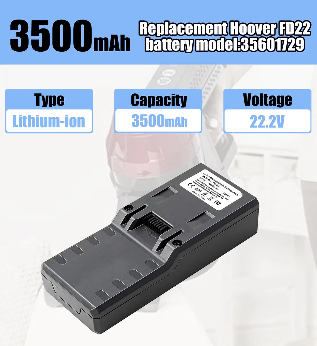 Remate 3500mAh Sostituzione per Hoover modello 35601729 Batteria, compatibile con Hoover Freedom 2in1 22.2V FD22 aspirapolvere