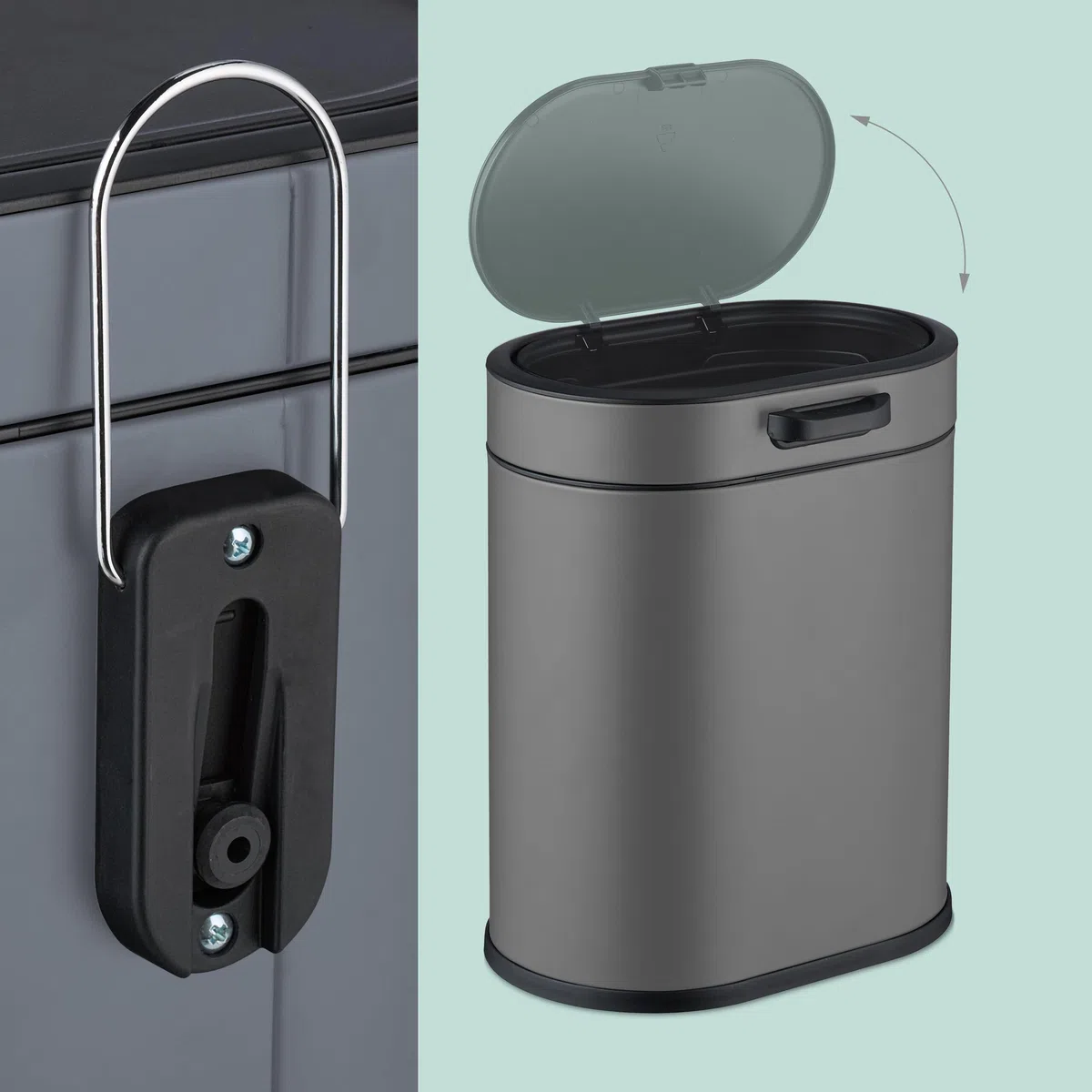 Relaxdays Cestino da Bagno, con Adesivo da Muro o Gancio per Anta, Pattumiera 5 L, Secchio Interno, in Ferro, Grigio