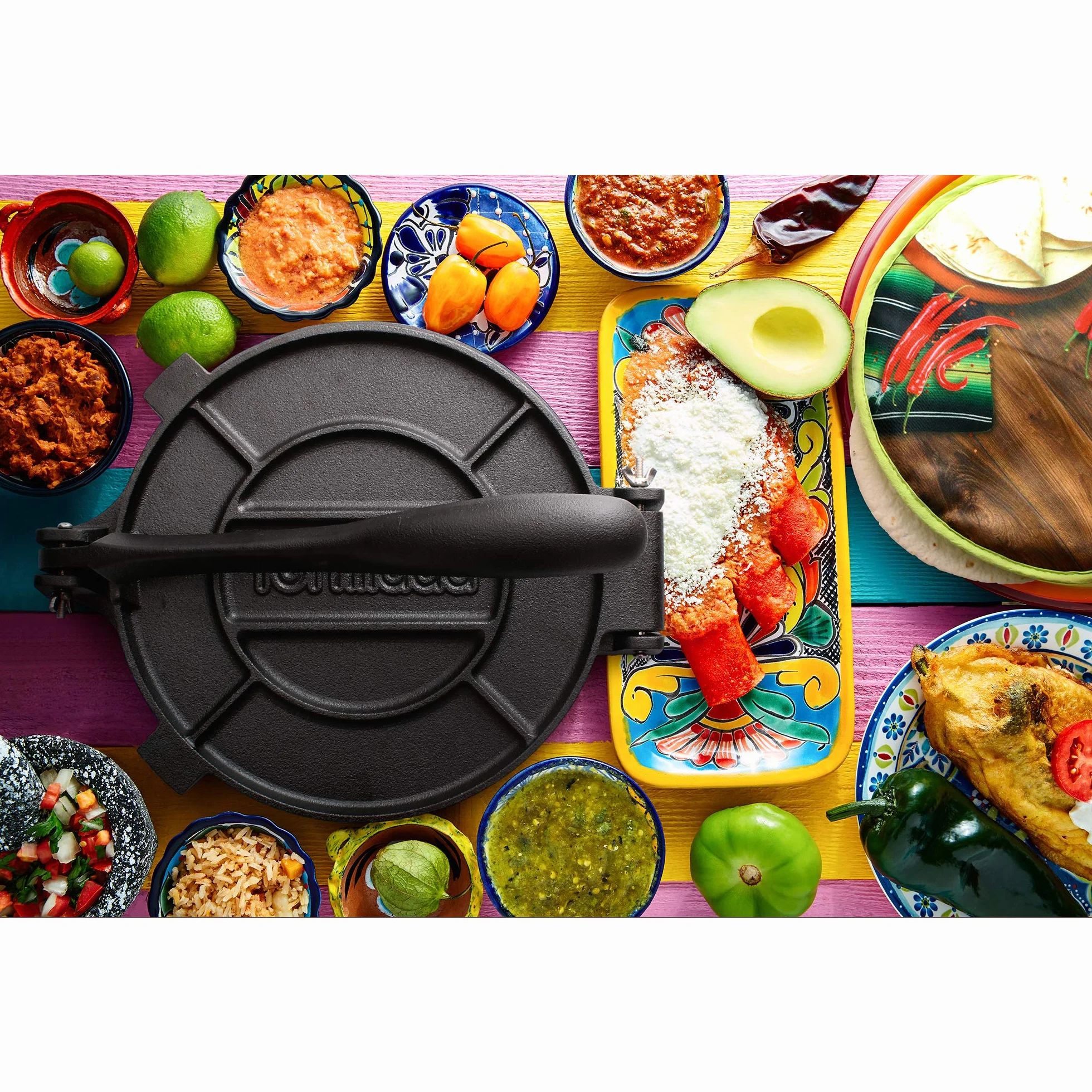 Tortillada - Pressa per Tortillas in Ghisa 20 cm – Tortilla Maker per Tacos, Wrap e Pane Piatto – con E-Book e 100 Fogli Carta Forno – Pressa Resistente