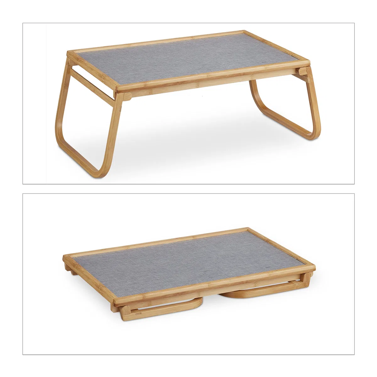 Relaxdays Vassoio Colazione a Letto, Tavolino da Letto Gambe Richiudibili Tavolinetto Bambù 23x60x33 cm, Naturale Grigio