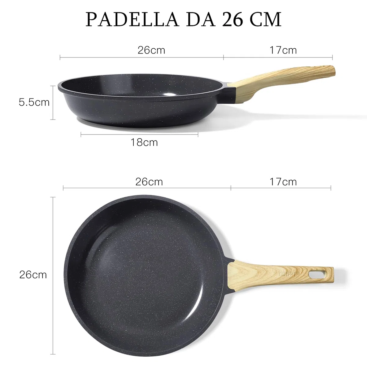 GiPP Padella Antiaderente in Ceramica – Padella Sana e Atossica, Adatta a Induzione, senza PFOA, Lavabile in Lavastoviglie, 26 cm