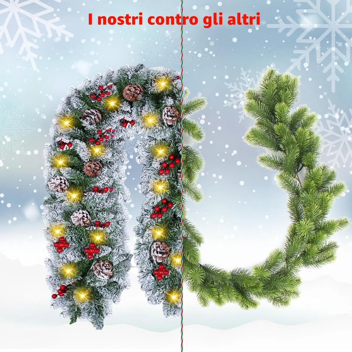 Ghirlanda natalizia con illuminazione 30 LED - Ghirlanda di abete da 2,7 m con palline di fiori illuminate - Ghirlanda natalizia in rattan natalizia per scale interni esterni natalizi