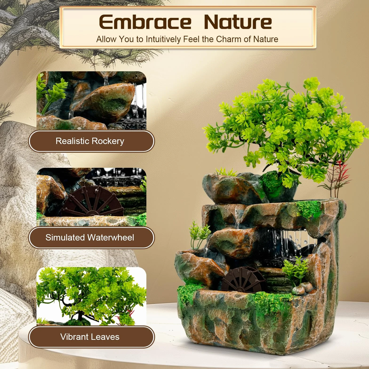 Fontana da interni a cascata, fontana da tavolo in resina con illuminazione a LED e regolazione del flusso d'acqua, per soggiorno, ufficio, meditazione, 27 x 20 x 16 cm