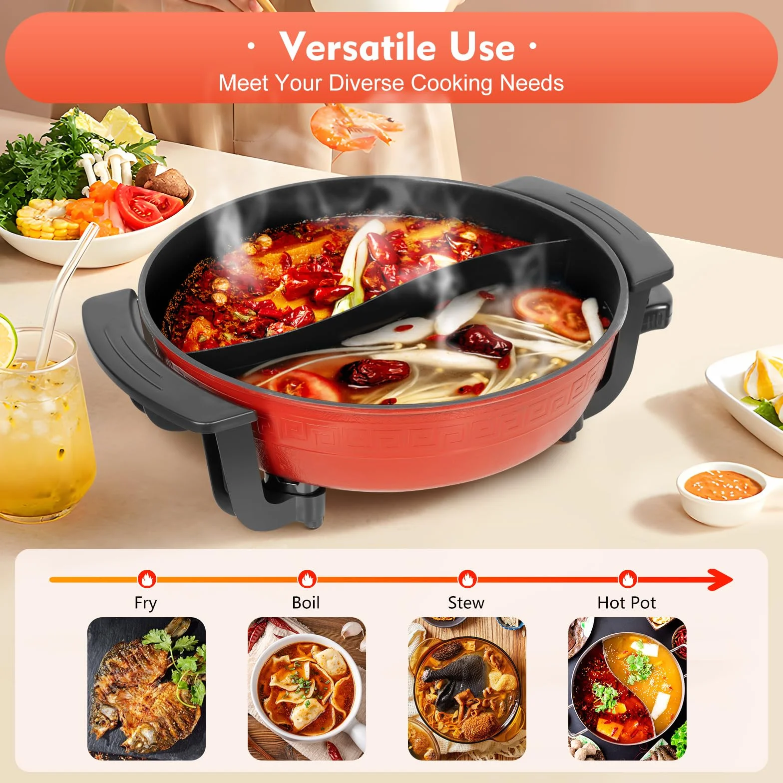 Pentola elettrica multifunzione da 1300 W, con fondo riscaldante e coperchio, 6 litri, 2 scomparti, Shabu Shabu