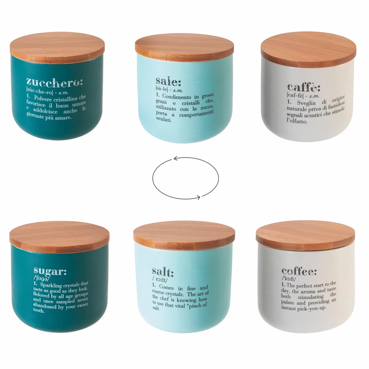 Villa d'Este Home Tivoli Set 3 barattoli sale, zucchero e caffè 500 ml in ceramica, coperchio in bambù, Victionary
