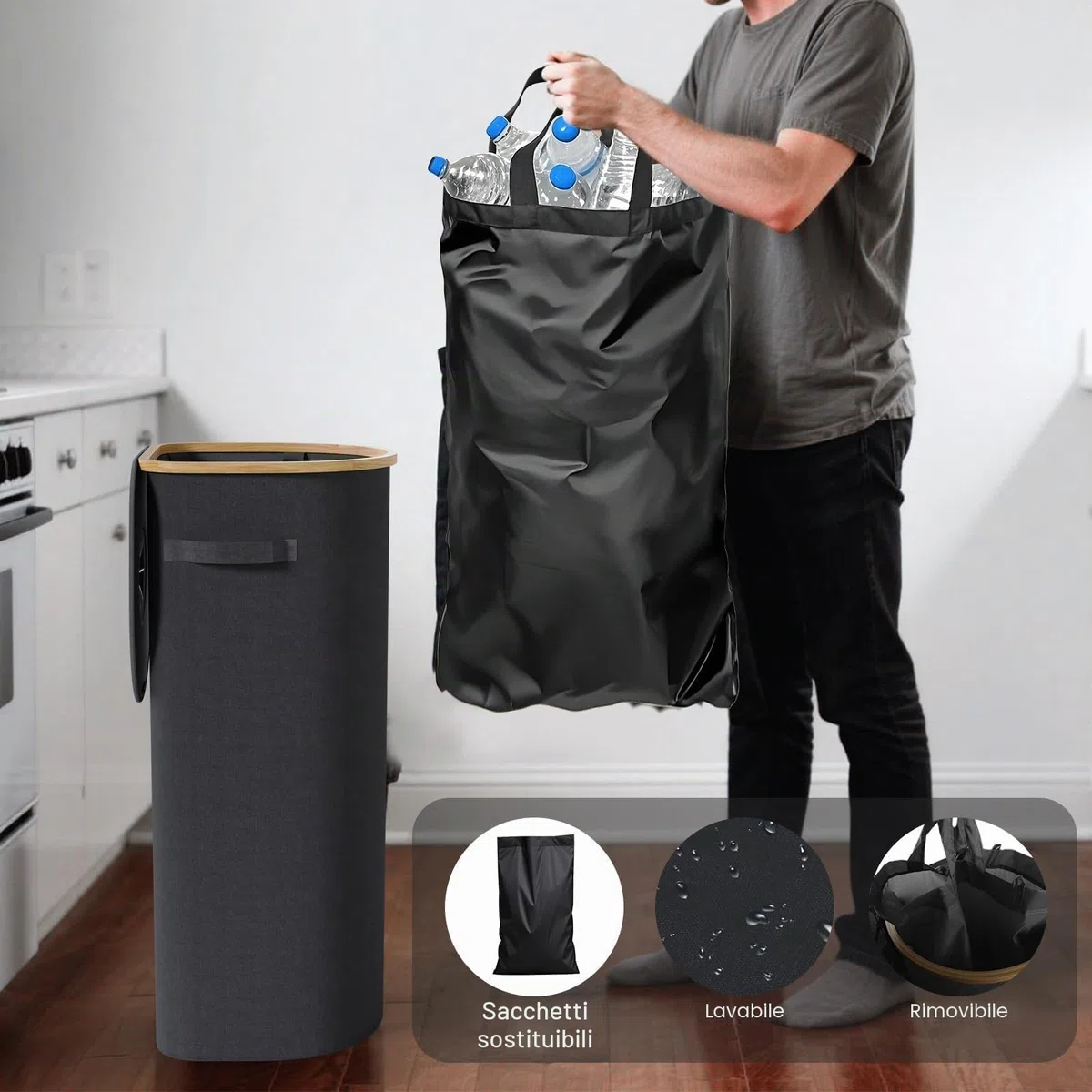 120L Cestino per rifiuti con coperchio e sacchetto interno,Cestino per riciclaggio grande con coperchio, Cestino per rifiuti da cucina grande, Cestino pieghevole per biancheria Sporca
