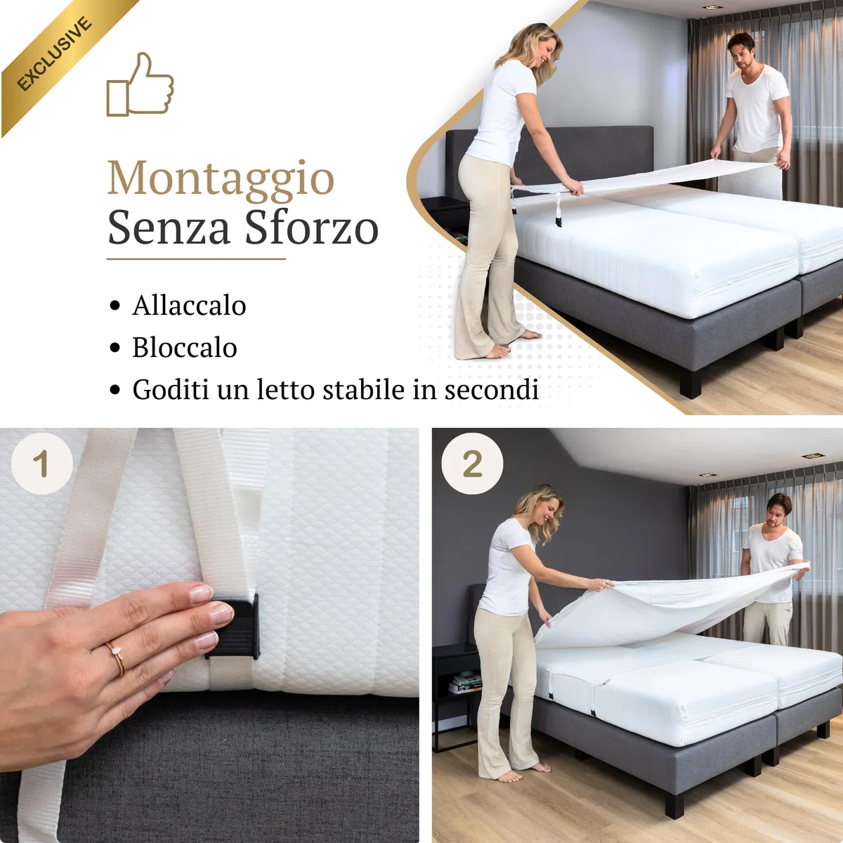 Bedbinder DeLuxe Unisci Materassi Singoli in Matrimoniale - Fascia per Unire Due Materassi Singoli 80 cm - Ferma Materasso per Rete a Doghe e Blocca Materasso - Giunzione Piatta e Invisibile