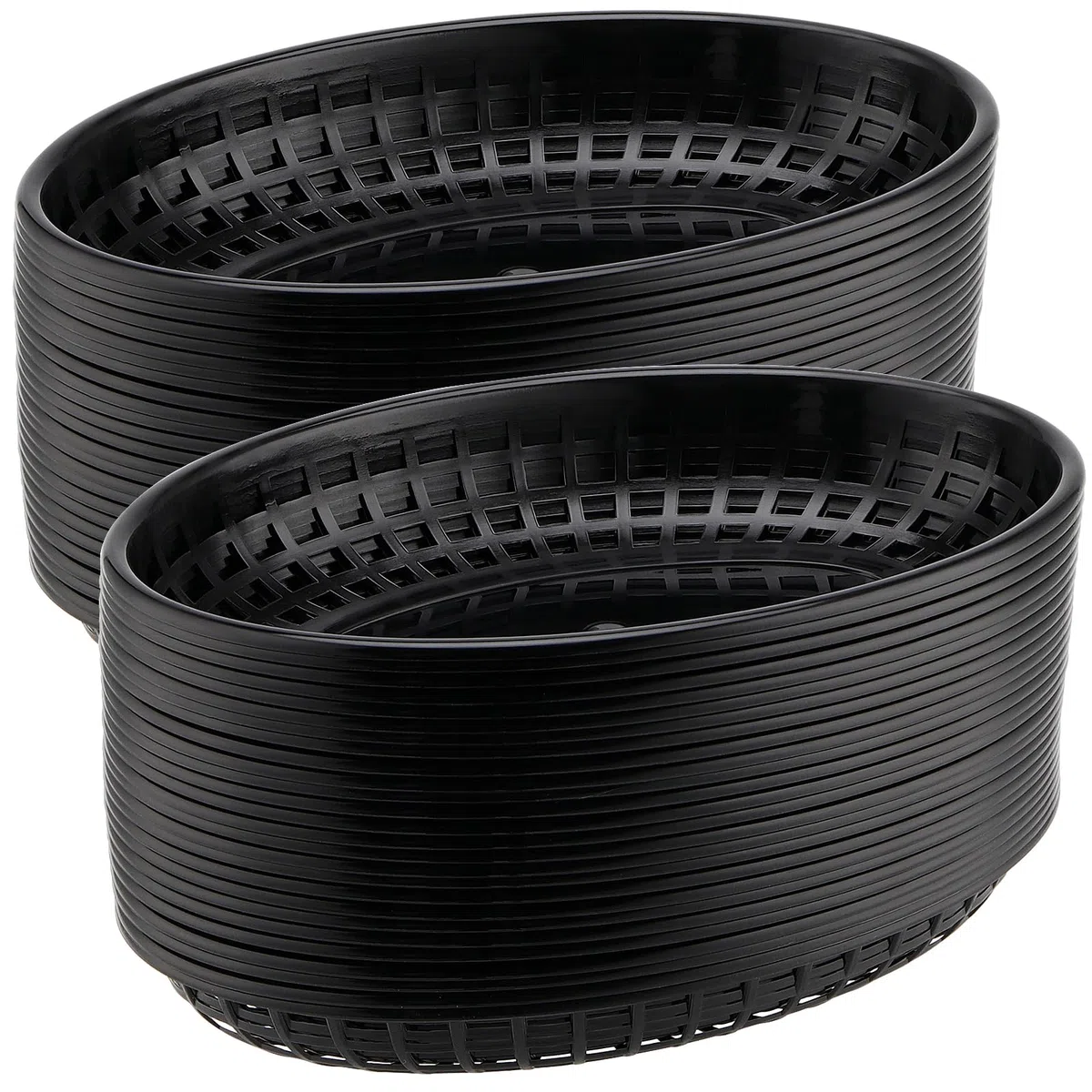 Confezione da 60 cestini ovali per alimenti in plastica, per fast food, colore nero, per patatine, hot dog, hamburger, panini, barbecue, picnic, feste, 23 x 14,5 x 4 cm