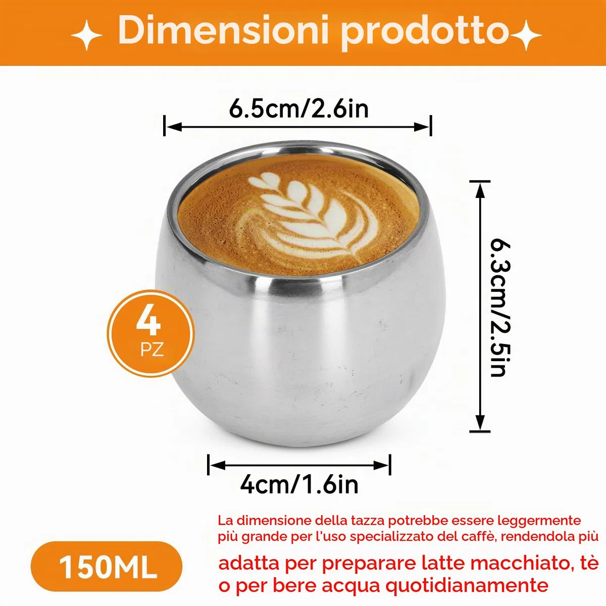 Cyrank Set di 4 Pezzi Tazzine da Caffè in Acciaio Inox,150 ml Tazza con Isolamento A Doppia Parete,Tazze Isolanti Sottovuoto Infrangibili Tazze da Tè Impilabili per Il Campeggio,Bicchieri per Birra
