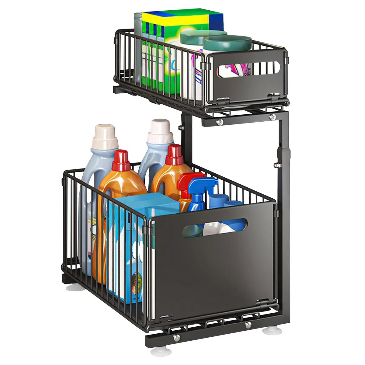 HUOLE Organizer sotto lavello a 2 livelli, organizer da cucina, ripiano sotto lavandino, portaspezie, cestino portaoggetti scorrevole in metallo, per cucina, bagno, camera da letto (26,5 x 38 x 48,5