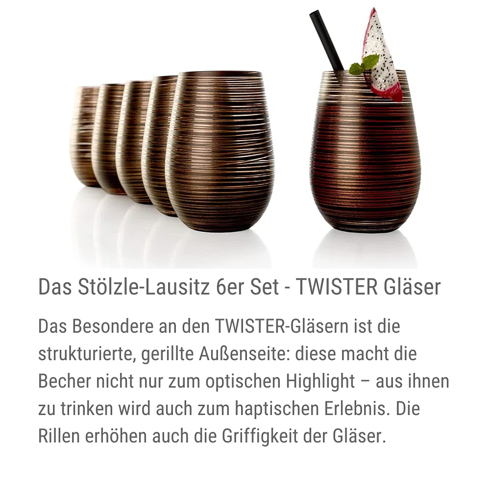 Stölzle Lausitz Set 6 Bicchieri Twister 465ml – Bicchieri in Cristallo Senza Piombo per Acqua Cocktail e Succhi – Design Elegante Nero-Bronzo – Resistenti agli Urti e Lavabili in Lavastoviglie