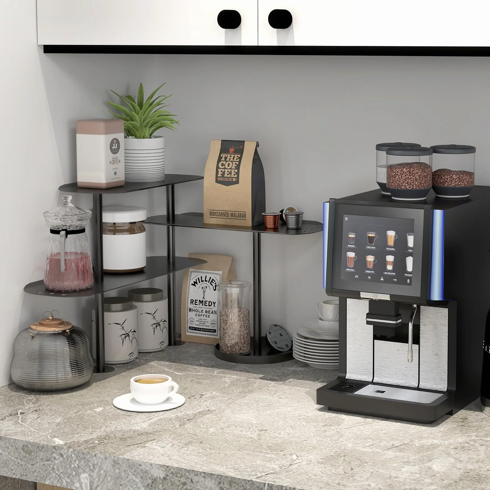 STWWO Organizzatori da Cucina Scaffali da Banco 3 Ripiani Metallo Regolabile Scaffale Portaspezie Scaffale per Condimenti Organizzatore da Bancone Ultifunzionale per Cucina Bagno Bar, Nero