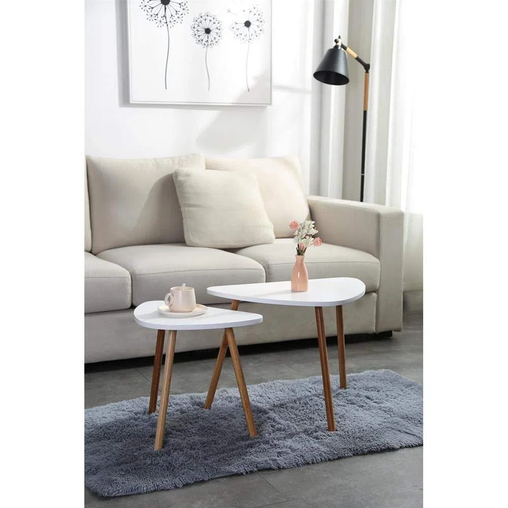 Set 2 Tavolini da Caffe Bianchi in Legno Scandivavi 60x40xH45 E 46x30xH41 Minimalisti Appoggio Piante Vasi Comodino Legno MDF. Tavolini Salotto