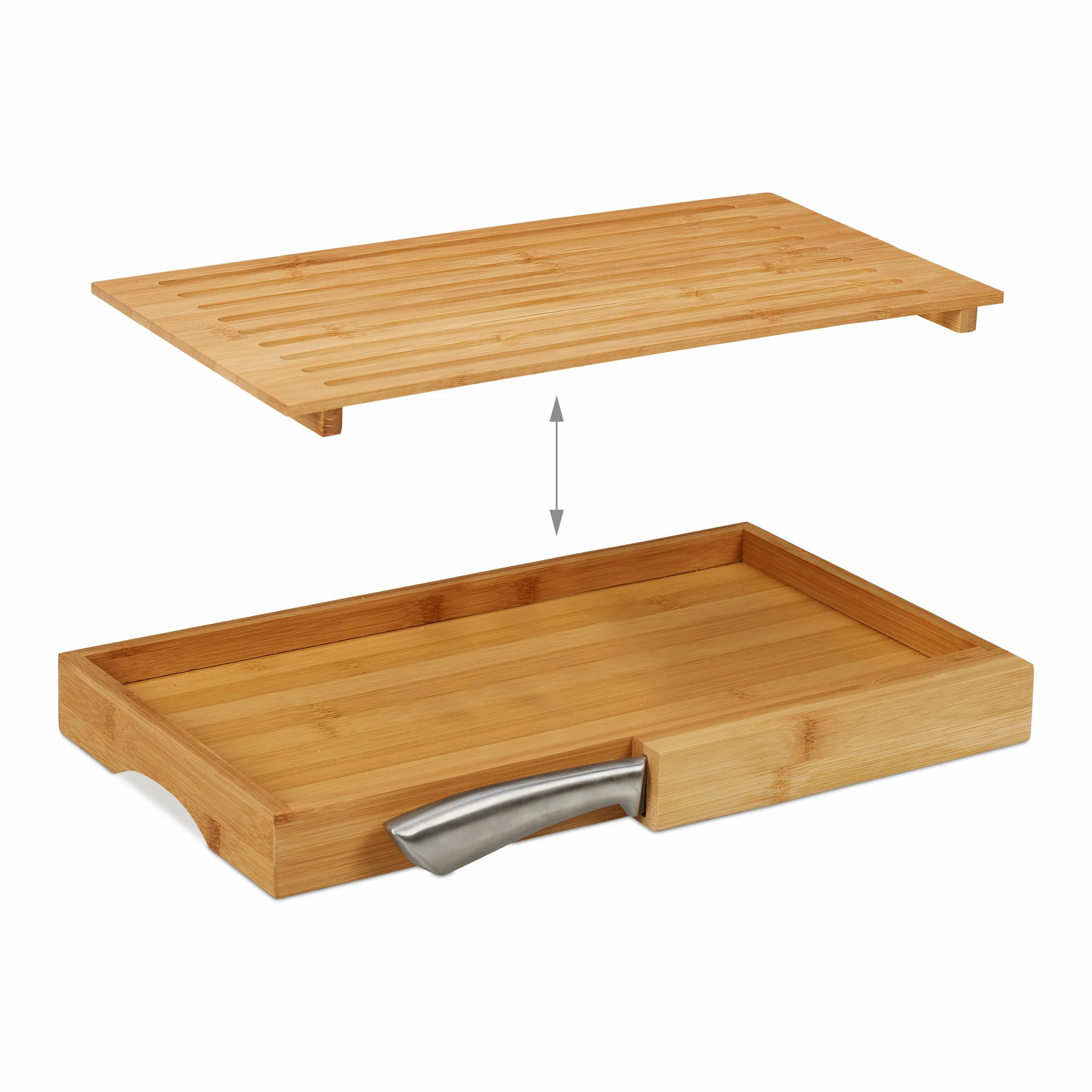 Relaxdays Tagliere per Pane, con Coltello in Acciaio Inox, Raccogli Briciole, Bambù, HLP 4x40x24 cm, Legno Naturale