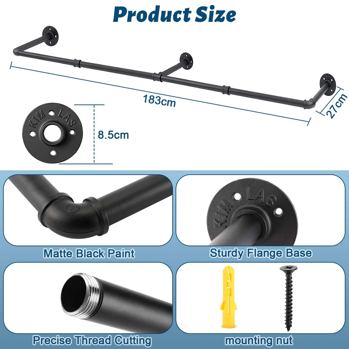 Royouzi Appendiabiti Per Tubo Industriale 184 cm Appendiabiti a Parete in Metallo Rimovibile Per Appendere Gli Abiti in Camera da Letto in Modo Salvaspazio, Appendiabiti Industriale a Tubo Nero