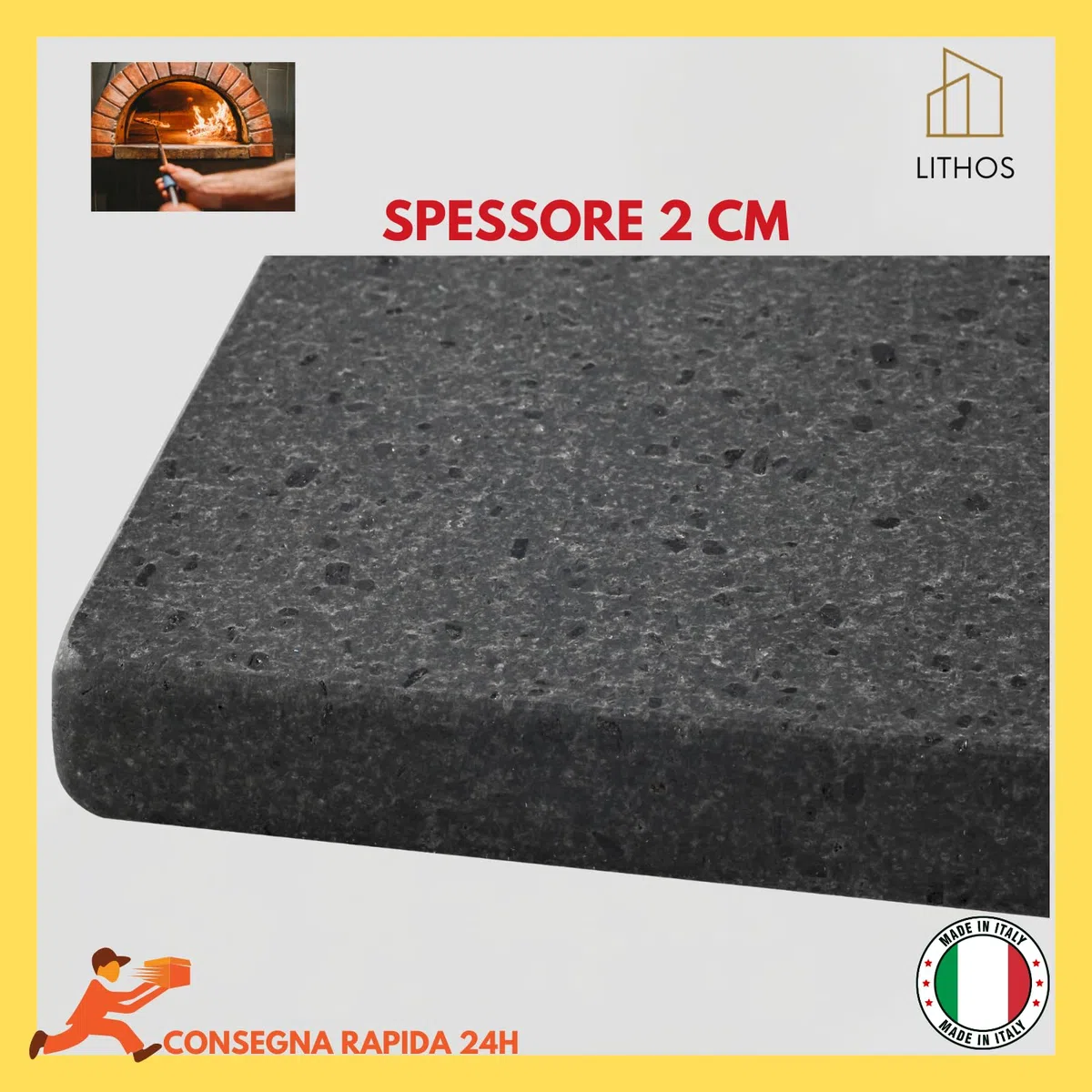 Piastra in Pietra Lavica Refrattaria dell'Etna per Forno e Barbecue, 39 x 35 cm, spessore 2cm, superficie levigata liscia