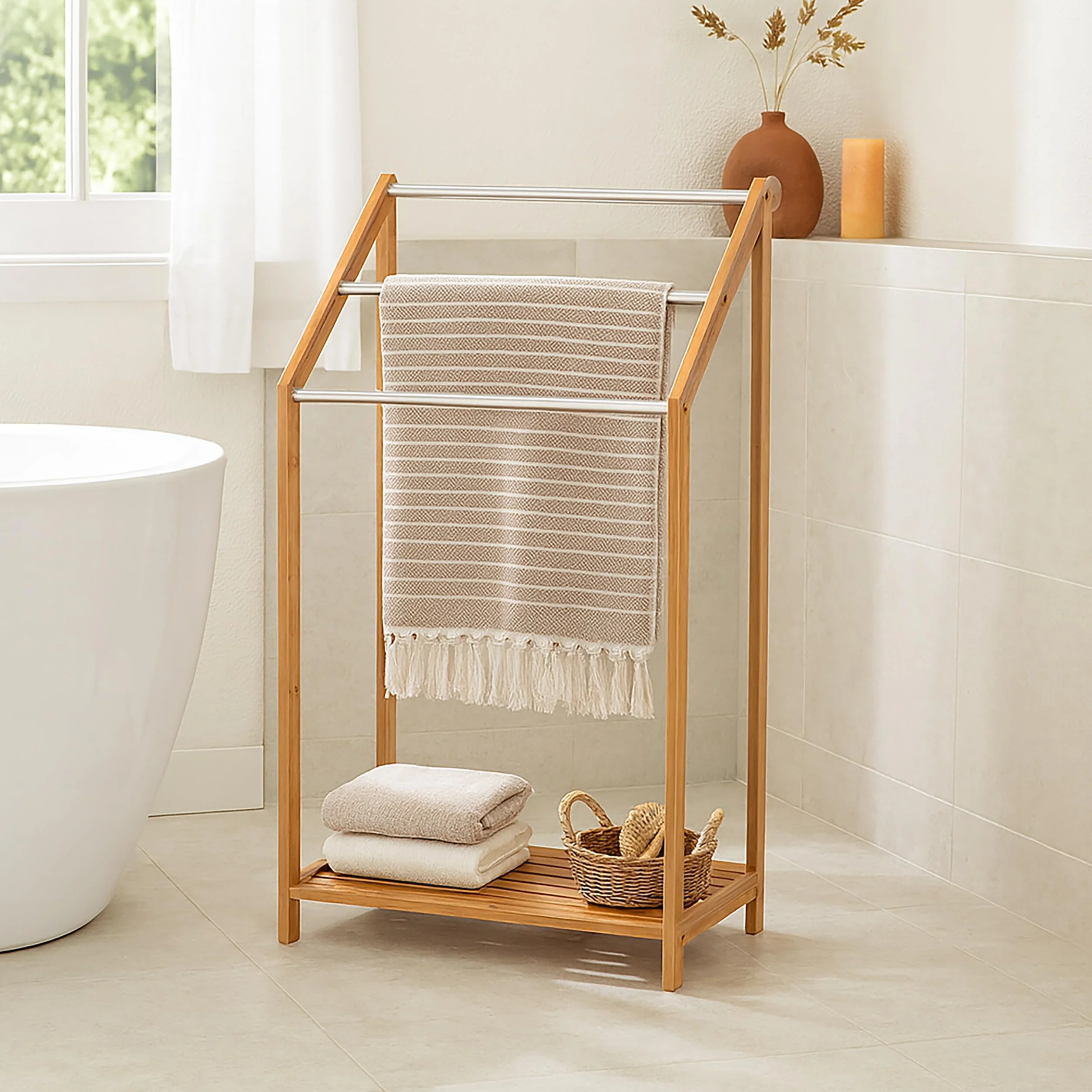 Relaxdays Porta Asciugamani in Bambù, con 3 Aste, Stand da Terra per Bagno, Moderno, HLP 85 x 51 x 31 cm, Legno Naturale