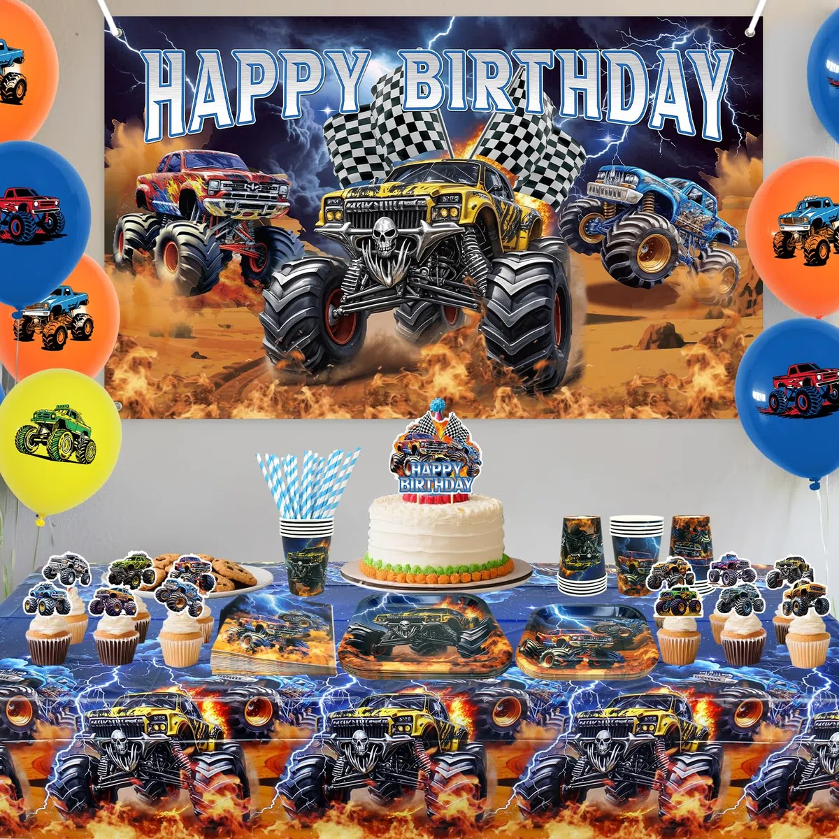Monster Truck Decorazioni per feste di compleanno – Monster Truck accessori per feste tra cui sfondo, piatti, decorazioni per torte, bicchieri, tovaglioli, palloncini, tovaglia – per 20