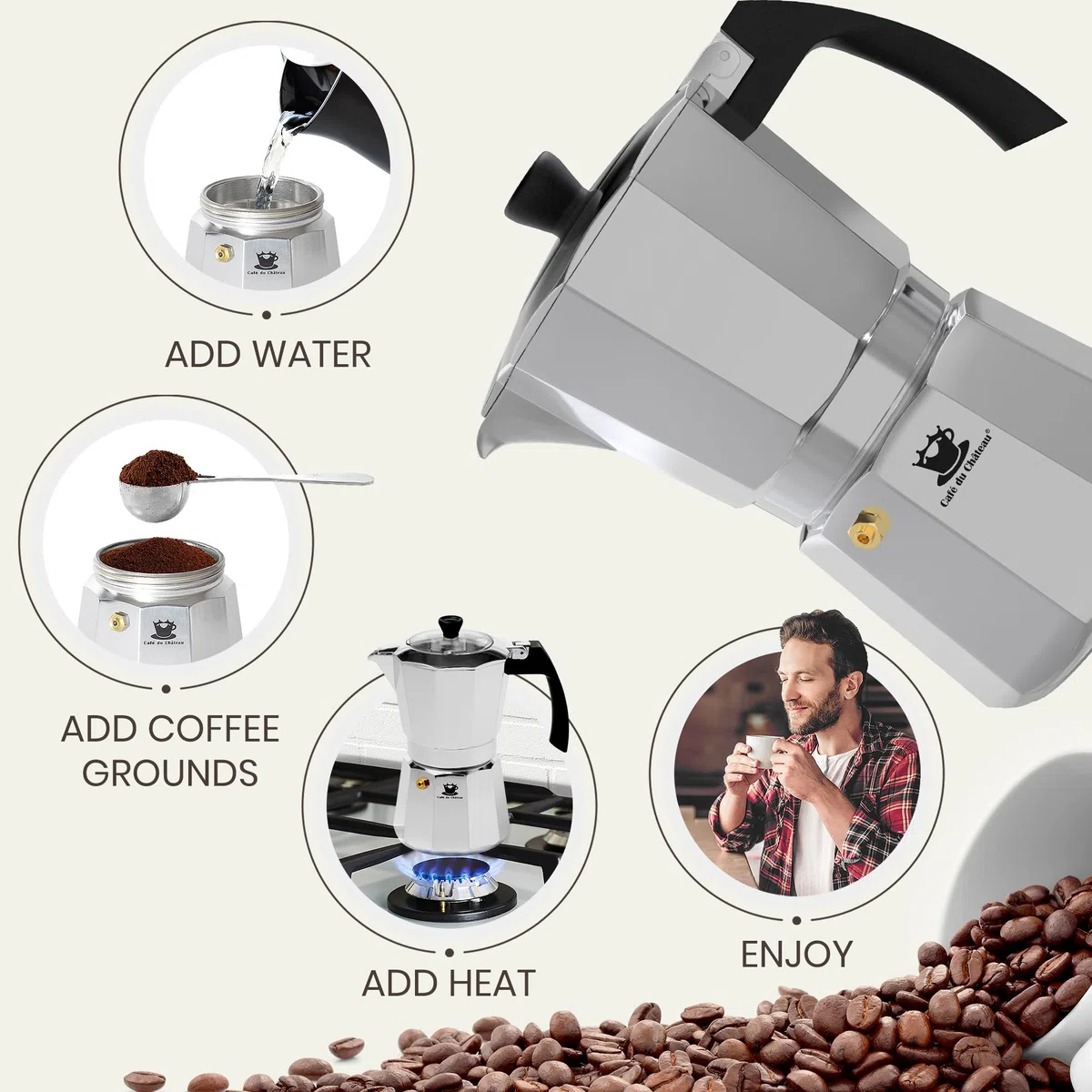 Cafe Du Chateau, caffettiera espresso 6 tazze, moka con coperchio superiore trasparente, finitura lucida, con cucchiaino da caffè