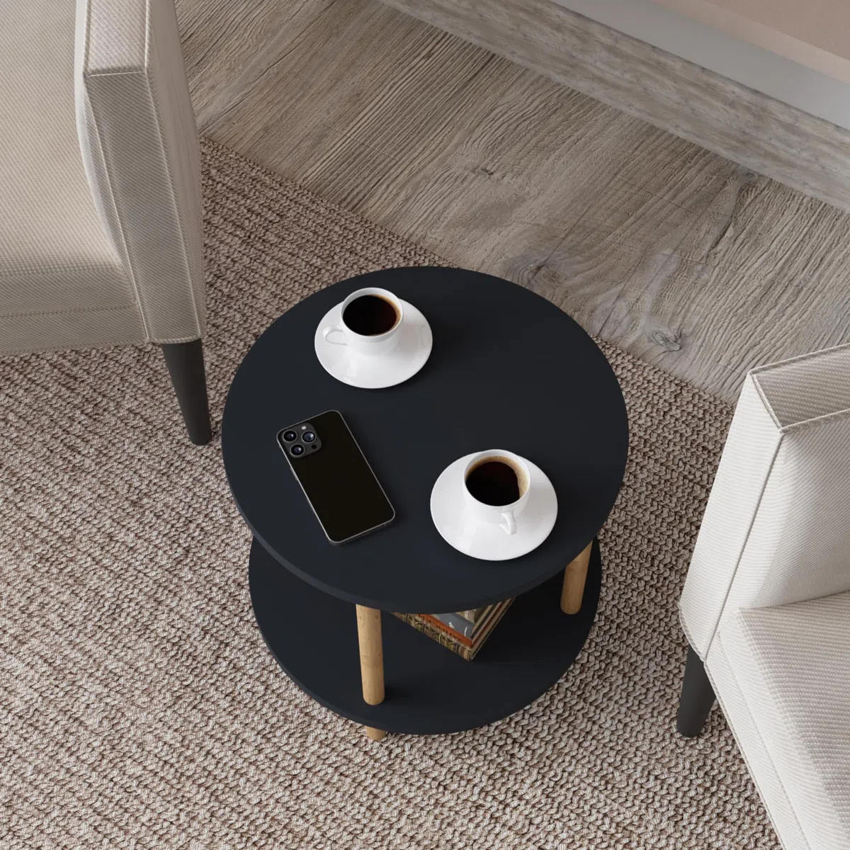 [en.casa] Tavolino Rotondo da Salotto con 2 Piani di Appoggio e Gambe Cilindriche Tavolino da Caffè Tavolo Basso da Divano Design Compatto 49xØ42 cm Grigio