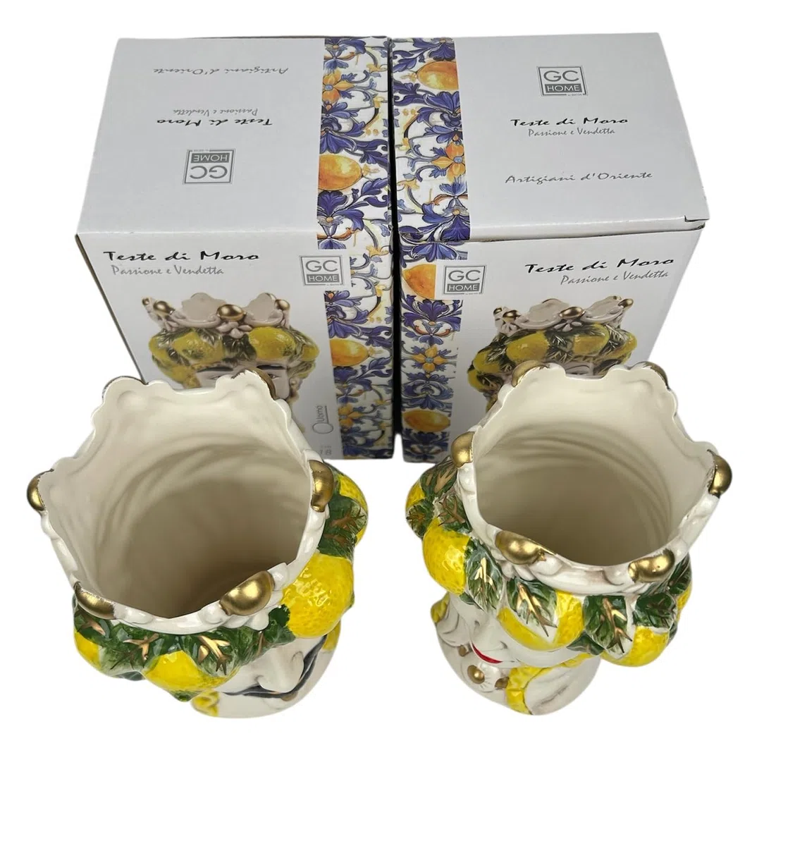 Coppia teste di moro regina e re in ceramica decorata stile siciliano vasi moderni gic (LIMONI, 14 X 13 X 18 CM)