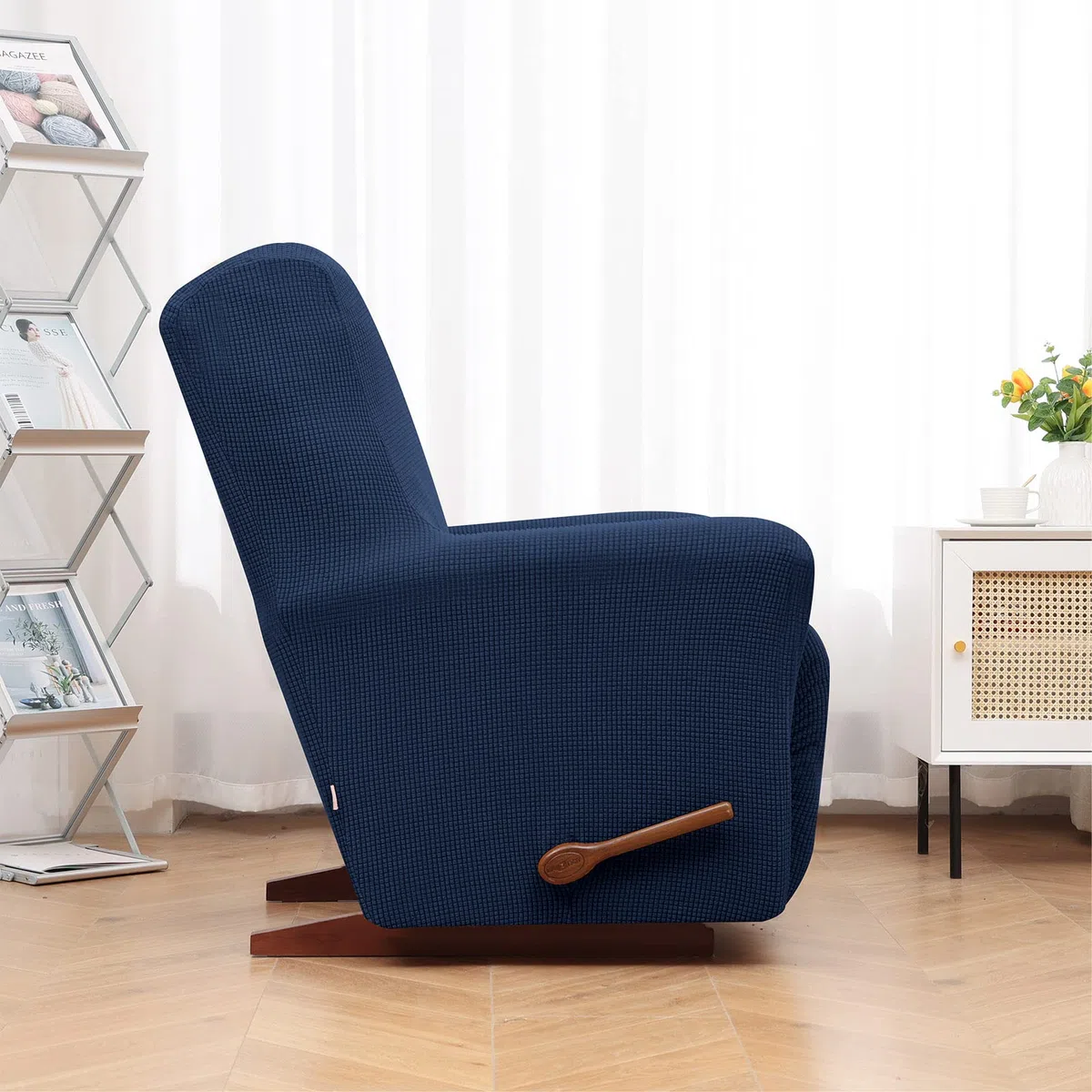 KEKUOU Fodera per poltrona reclinabile, 1 pezzo, protezione per mobili con fondo elastico, per bambini e animali domestici, in tessuto jacquard con motivo a quadri (poltrona reclinabile, blu navy)